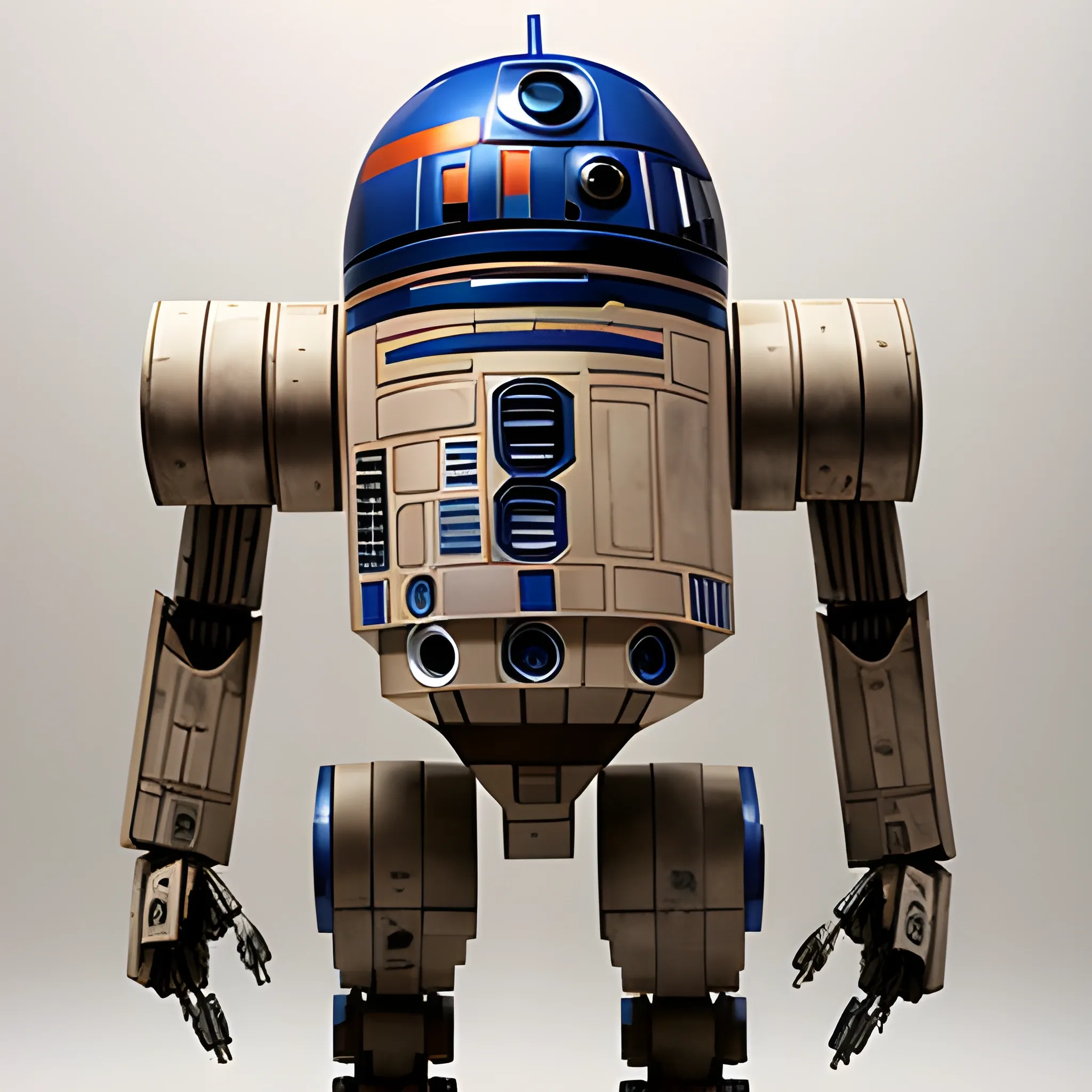 a full body star wars droid with the build and body of a super battle droid, with the head of a droid, and limbs of a protocol droid, that looks like it wwas salvaged and put together using different parts from several different star wars droids