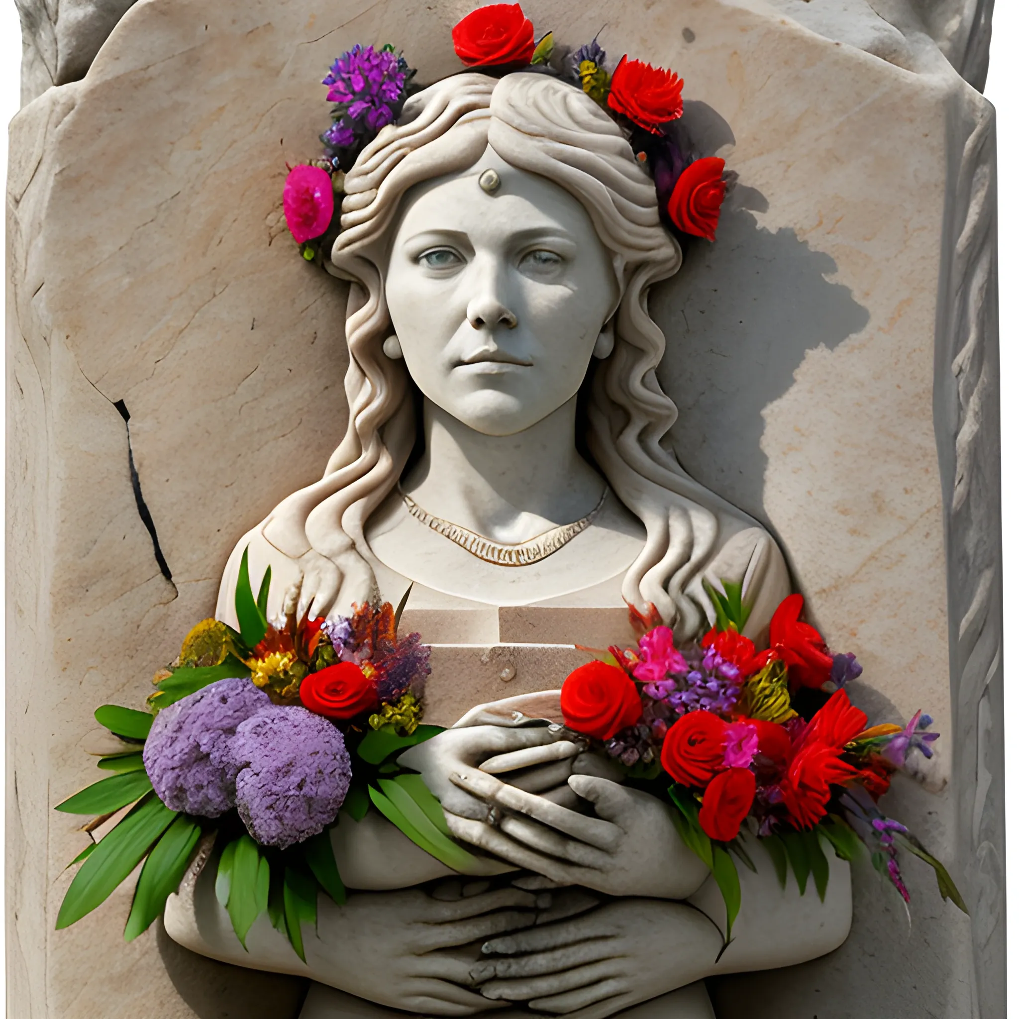 Female portrait in stone, altar, flowers, bold colors