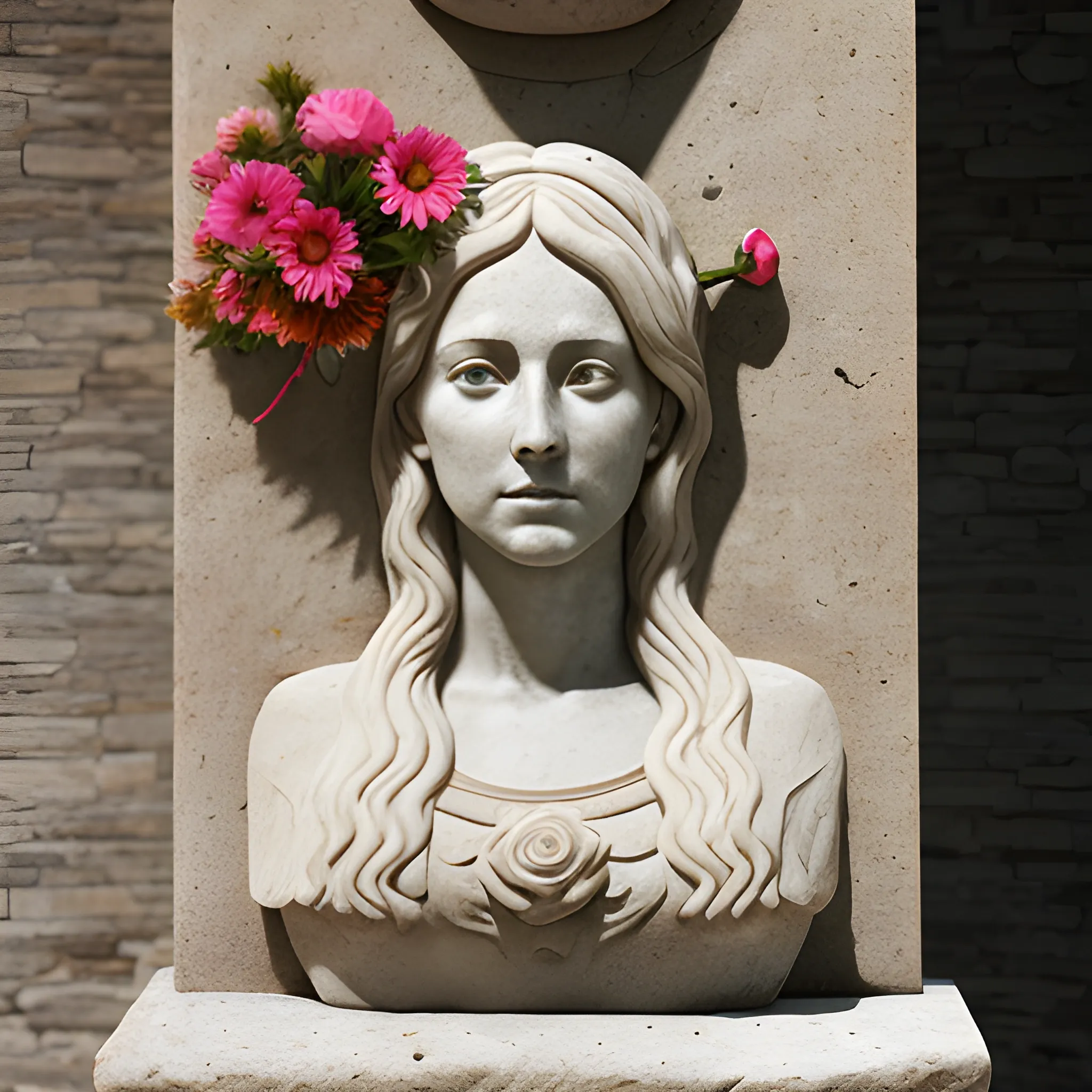 Female portrait in stone, altar, flowers, bold colors