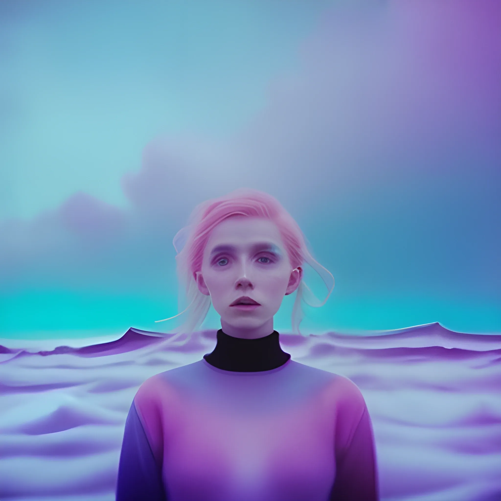 high quality pastel coloured film close up wide angle photograph of a model wearing clothing swimming on cloud furniture in a icelandic black rock!! environment in a partially haze filled dreamstate world. three point light, rainbow. photographic production. art directed. pastel colours. volumetric clouds. pastel gradient overlay. waves glitch artefacts. extreme facial clarity. 8 k. filmic. 