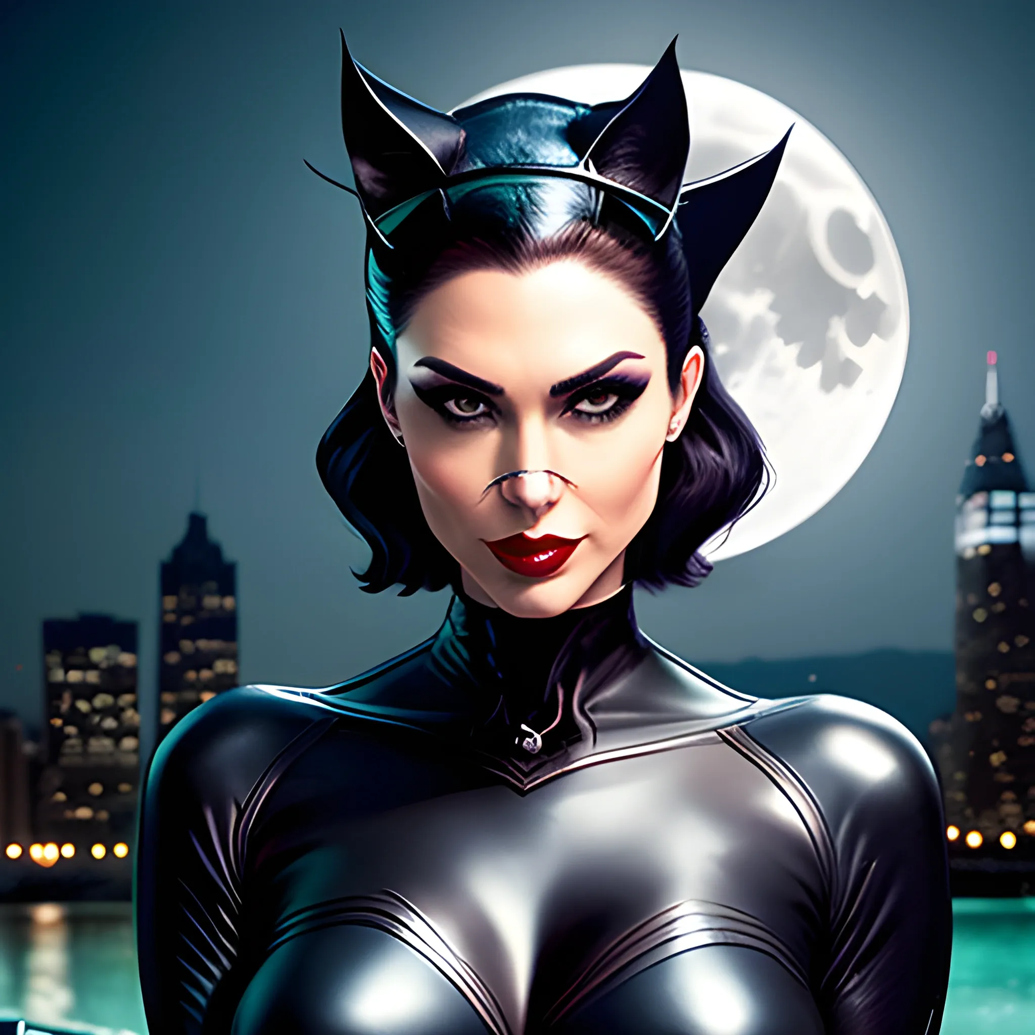 Charming young catwoman in strong light night realistic portrai