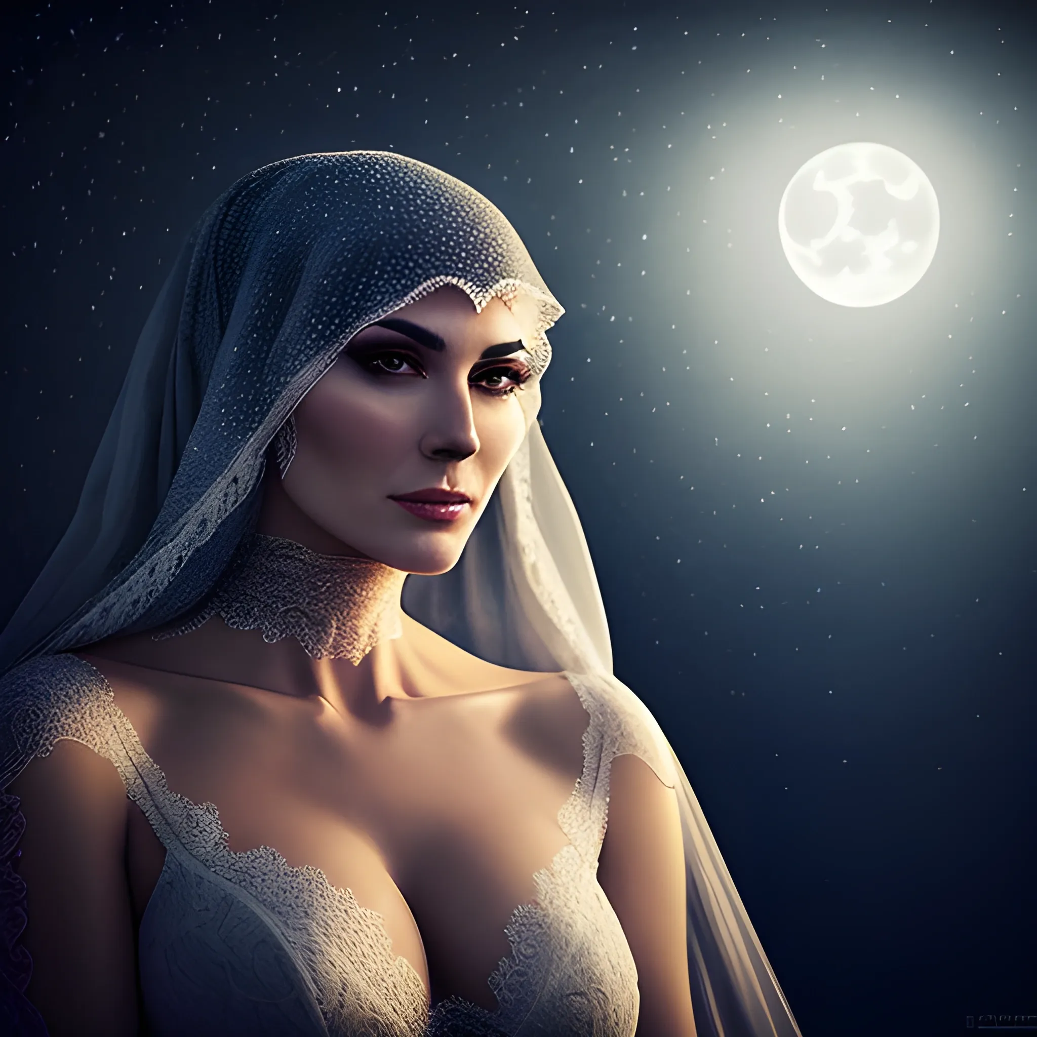 Attractive young girl in billowing veil in strong night light, moonlight realistic portrait style