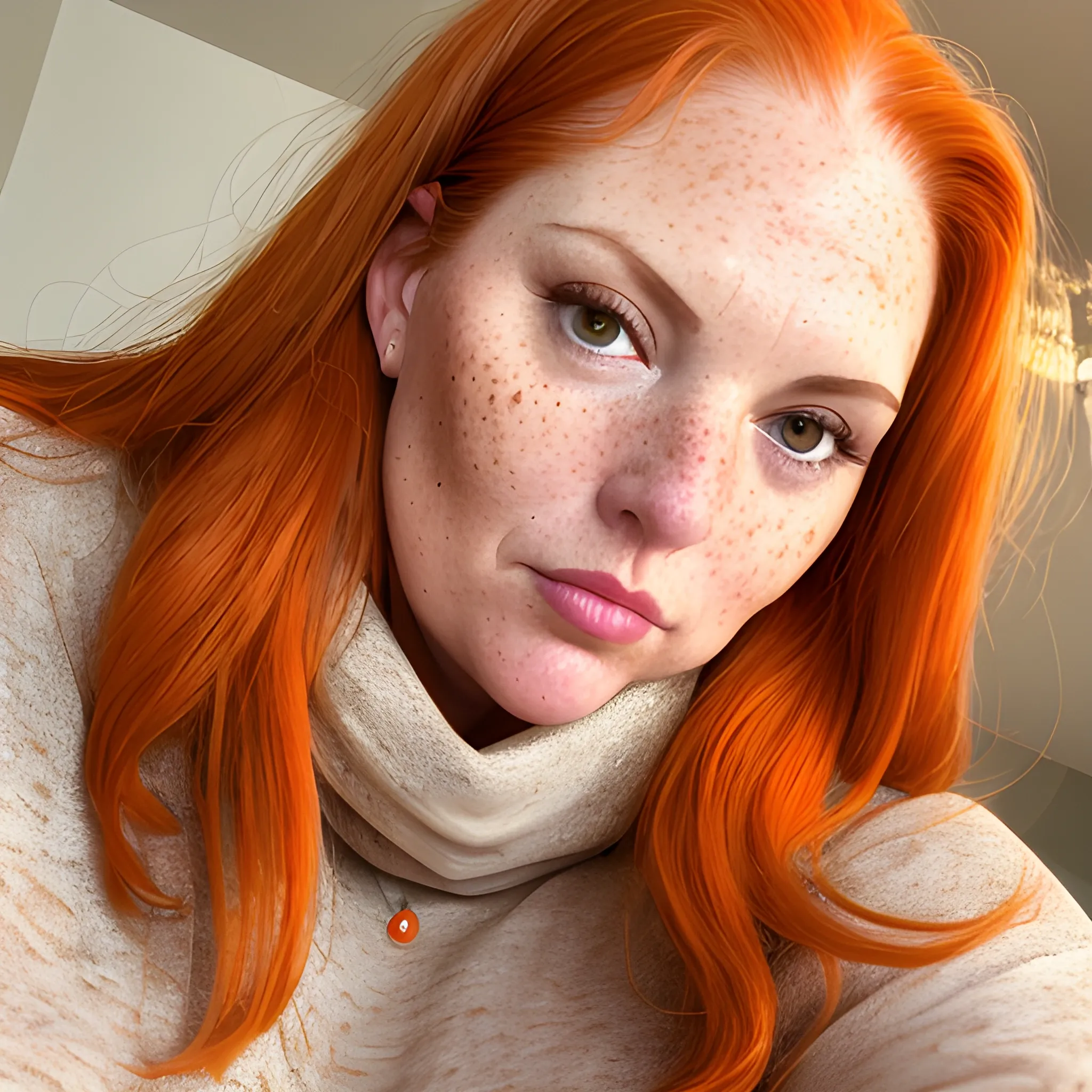 Tall beautiful plus sized, buxom, ample, early middle-aged American Woman, long straight light ginger hair, full lips, full face, freckles, fitted orange sweater, fitted yoga pants, looking down at the camera, up close pov, detailed 