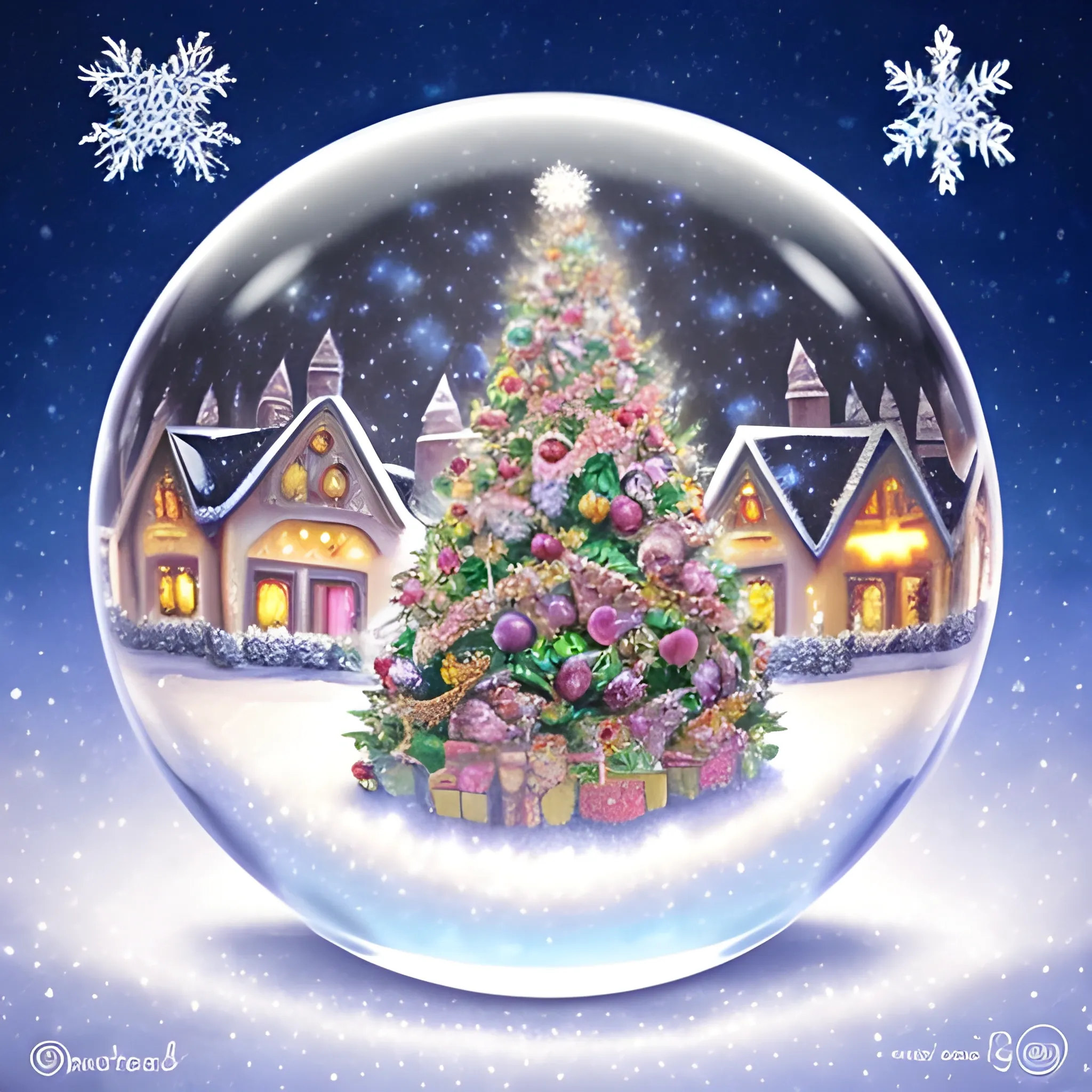 Imagine a magical Christmas crystal ball suspended in the air, adorned with festive details and surrounded by twinkling lights. Depict the scene reflected within the ball with iconic seasonal elements, such as a adorned Christmas tree, dancing snowflakes, and gleaming gifts. Use watercolors to capture the warmth of the festive lights and the enchantment emanating from this magical sphere. Let your creativity soar and bring this magical Christmas moment to life in your artwork