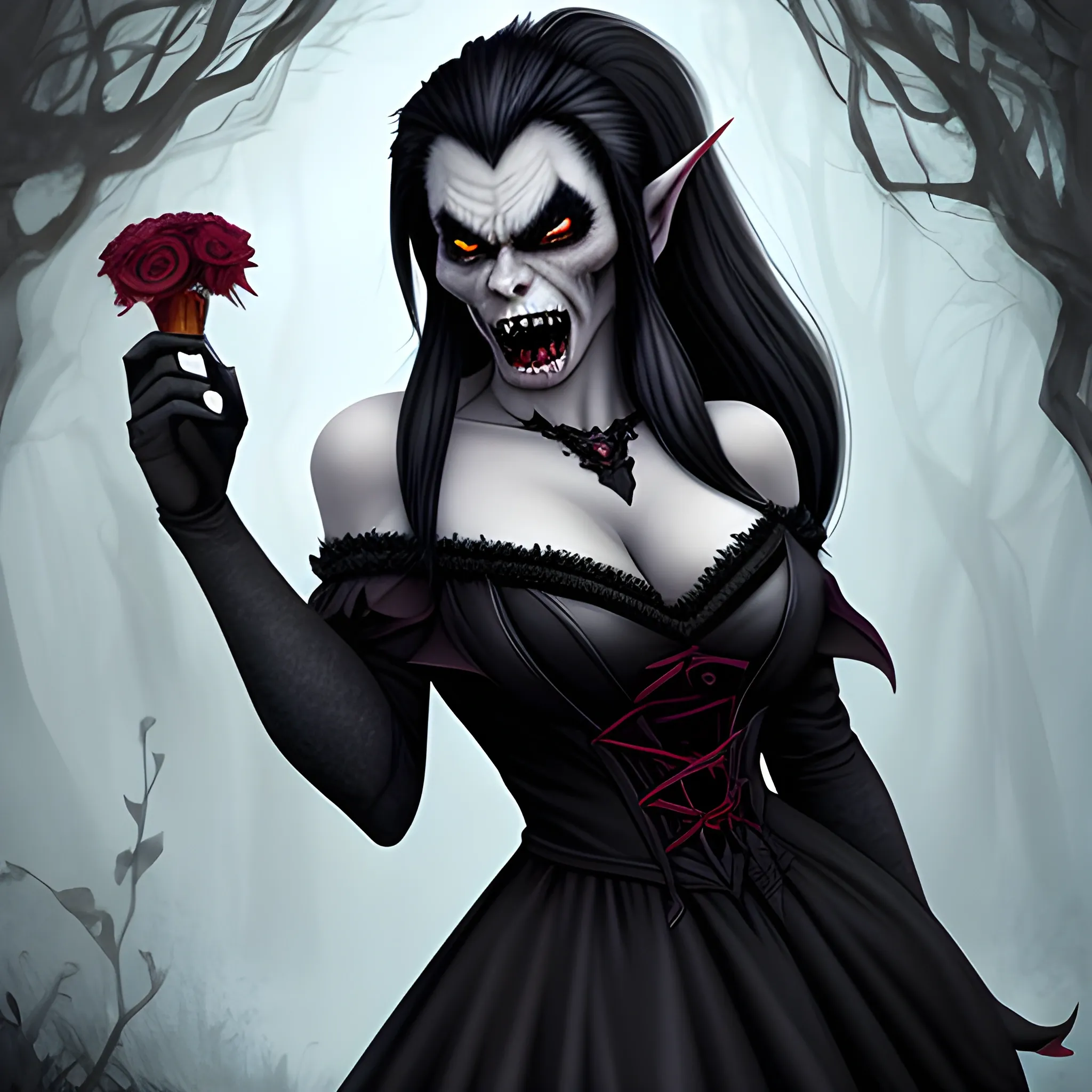 beautiful vampire orc in a black dress