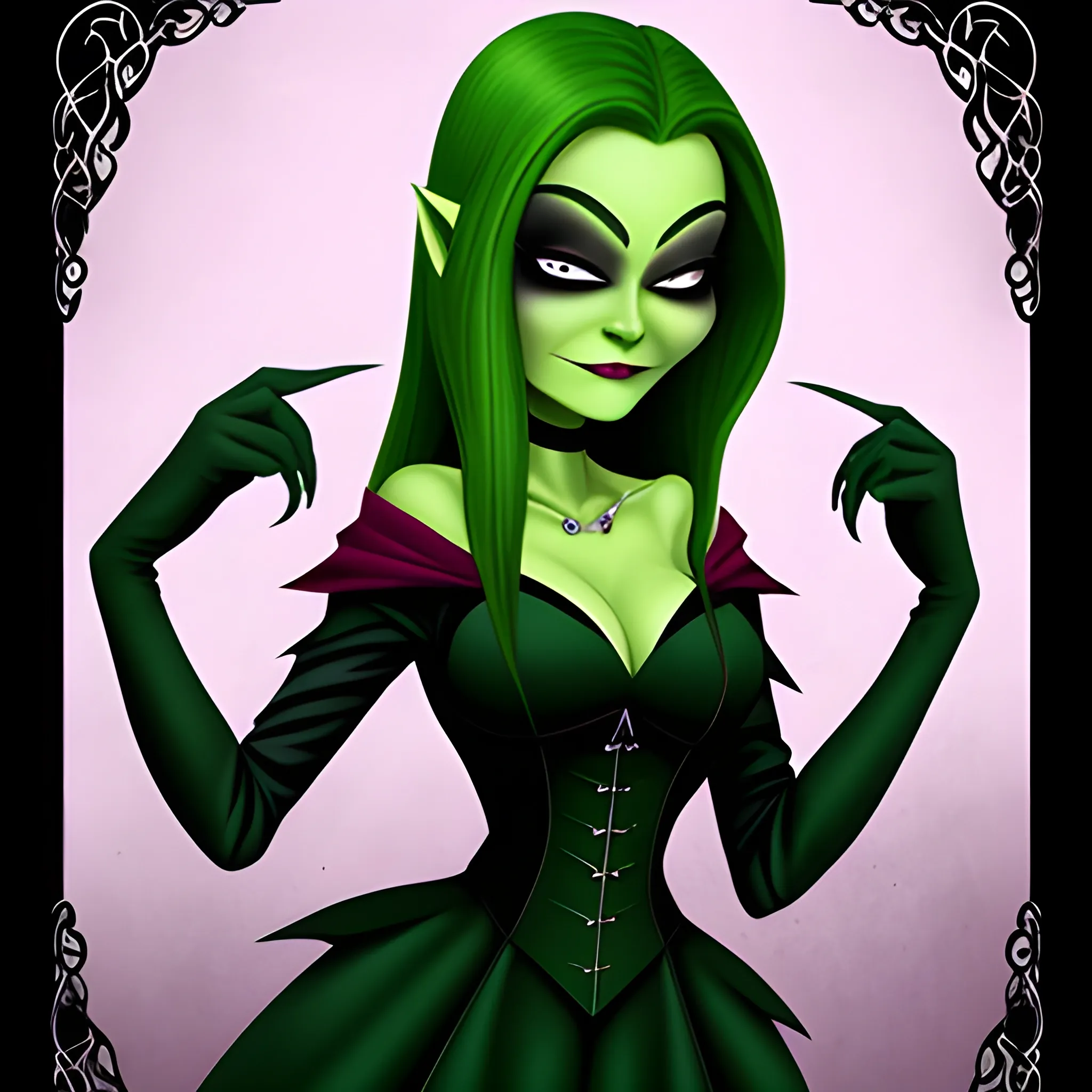 beautiful green-skinned vampire in a black dress