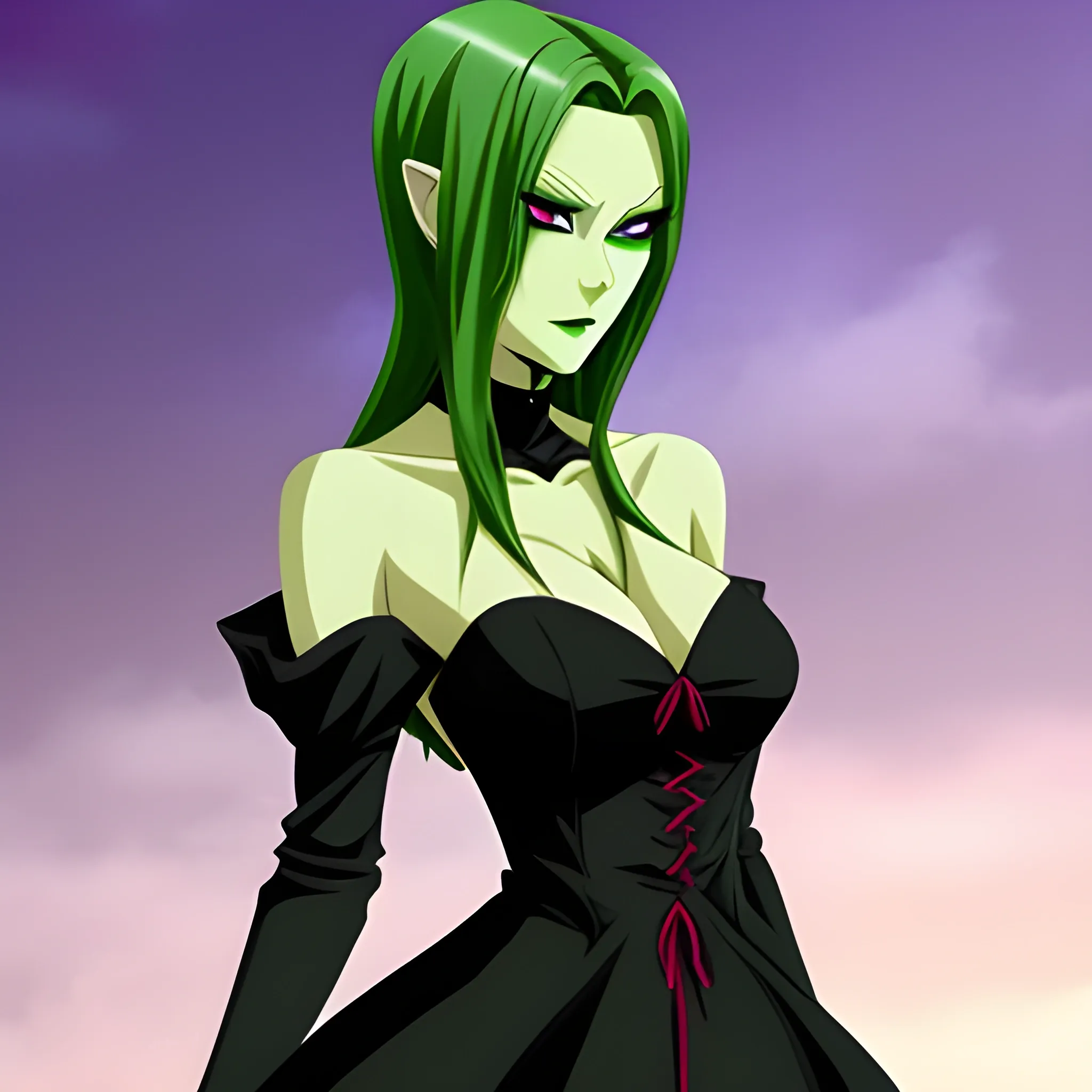 beautiful green-skinned vampire in a black dress, Anime