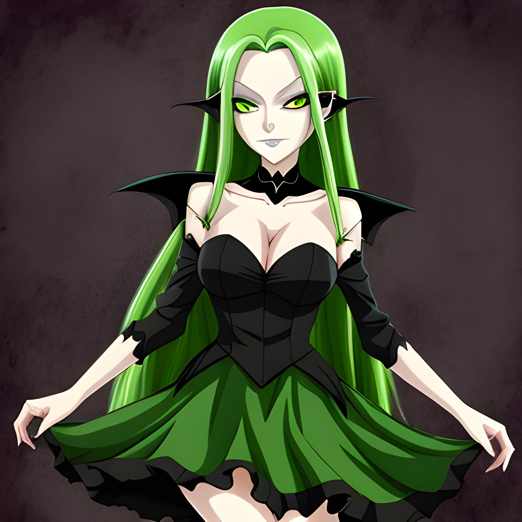 beautiful green-skinned vampire in a black dress, Anime