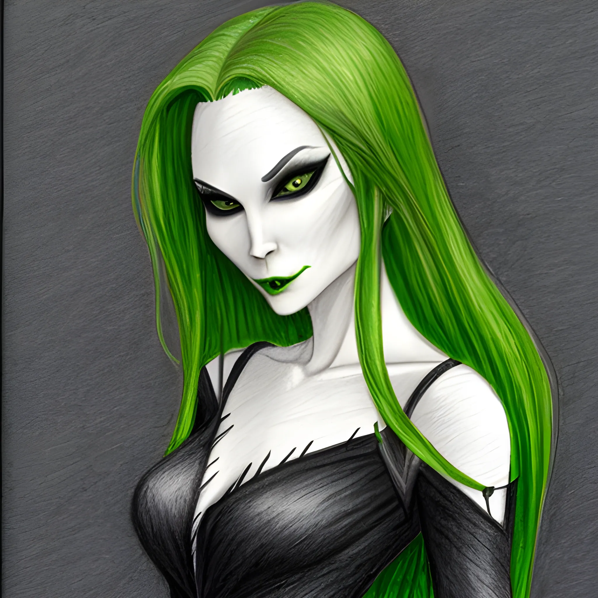 beautiful green-skinned vampire in a black dress, Pencil Sketch