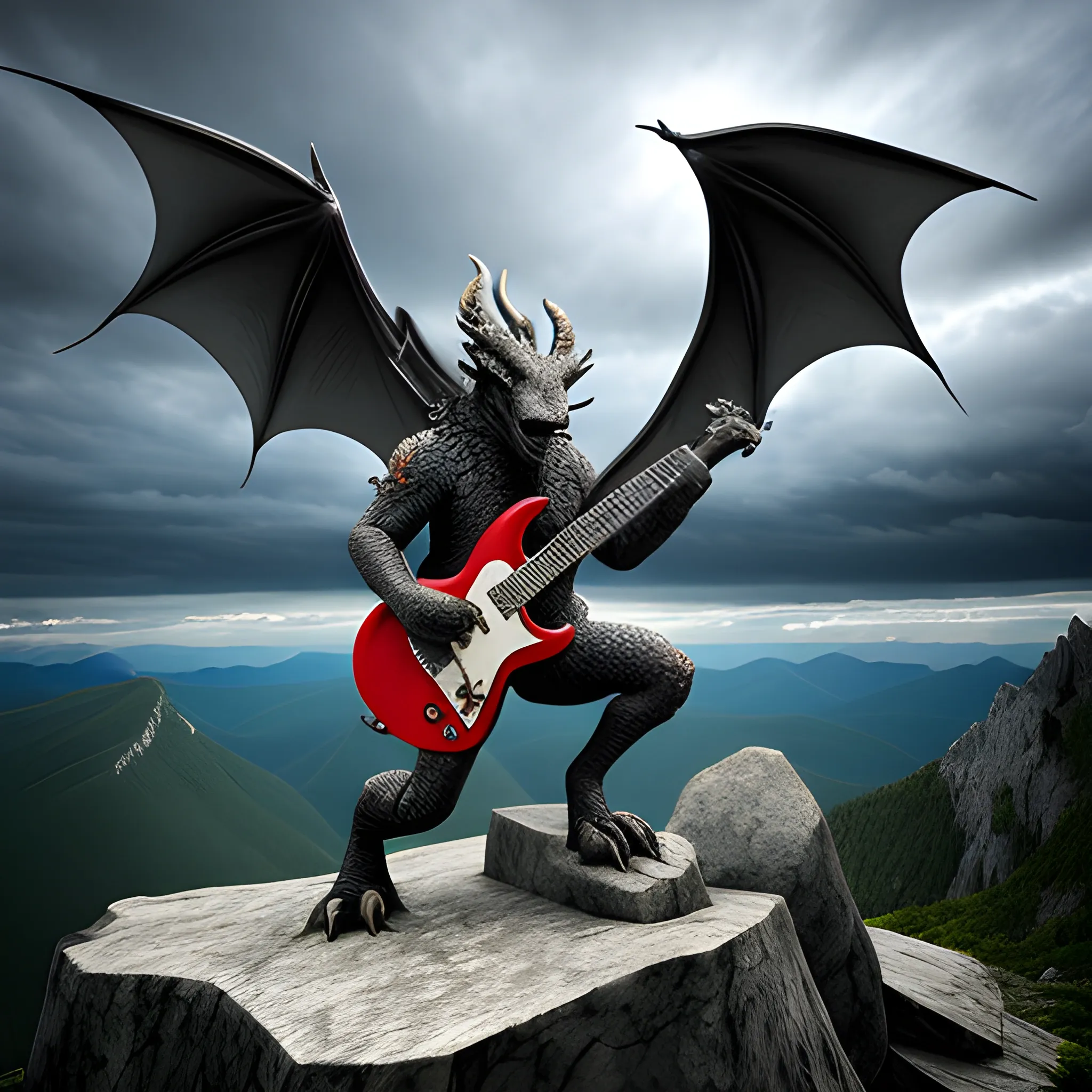 "a dragon playing an epic rock guitar solo, standing on a mountain surrounded by dramatic skies, 3D