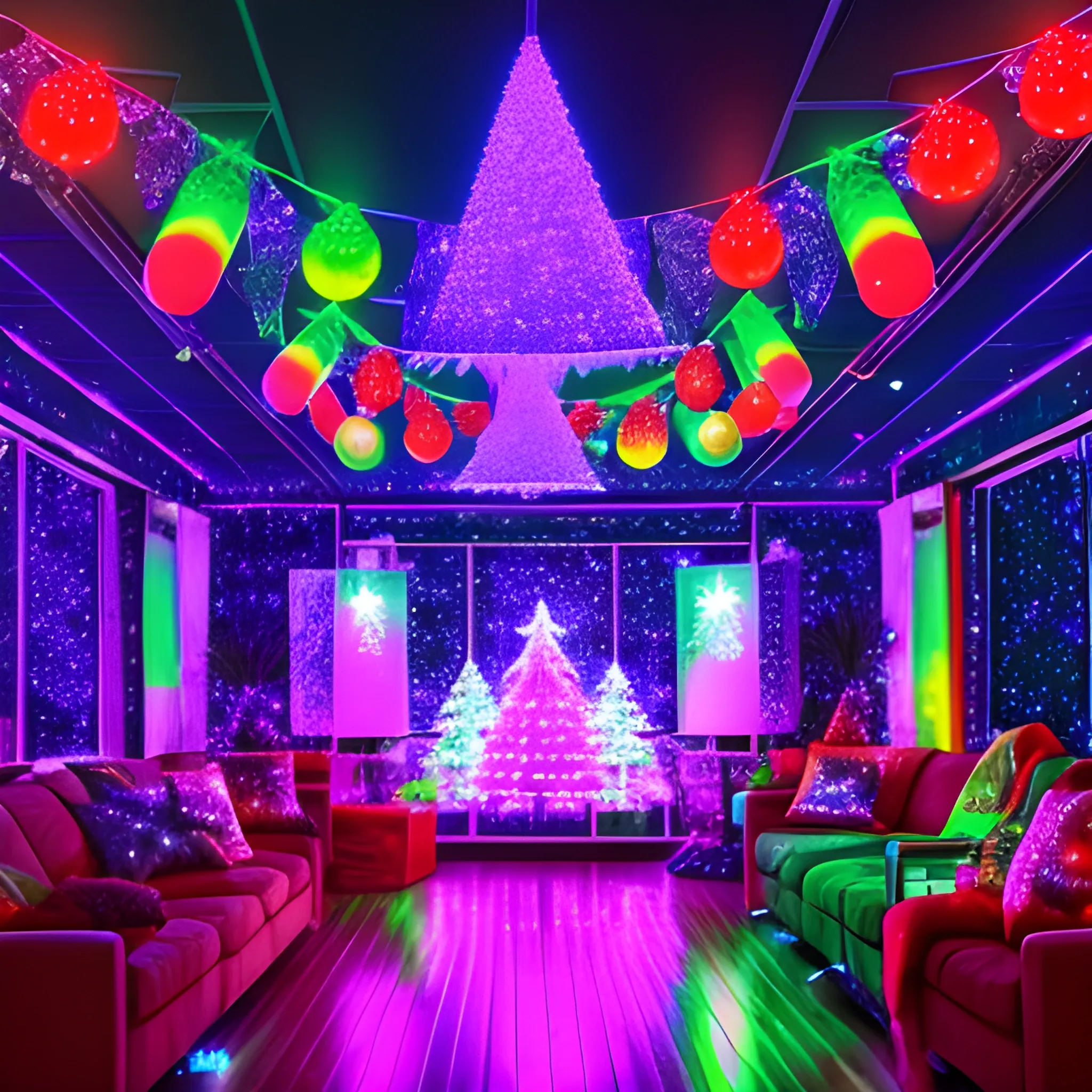 Liminal space disco with christmas decorations