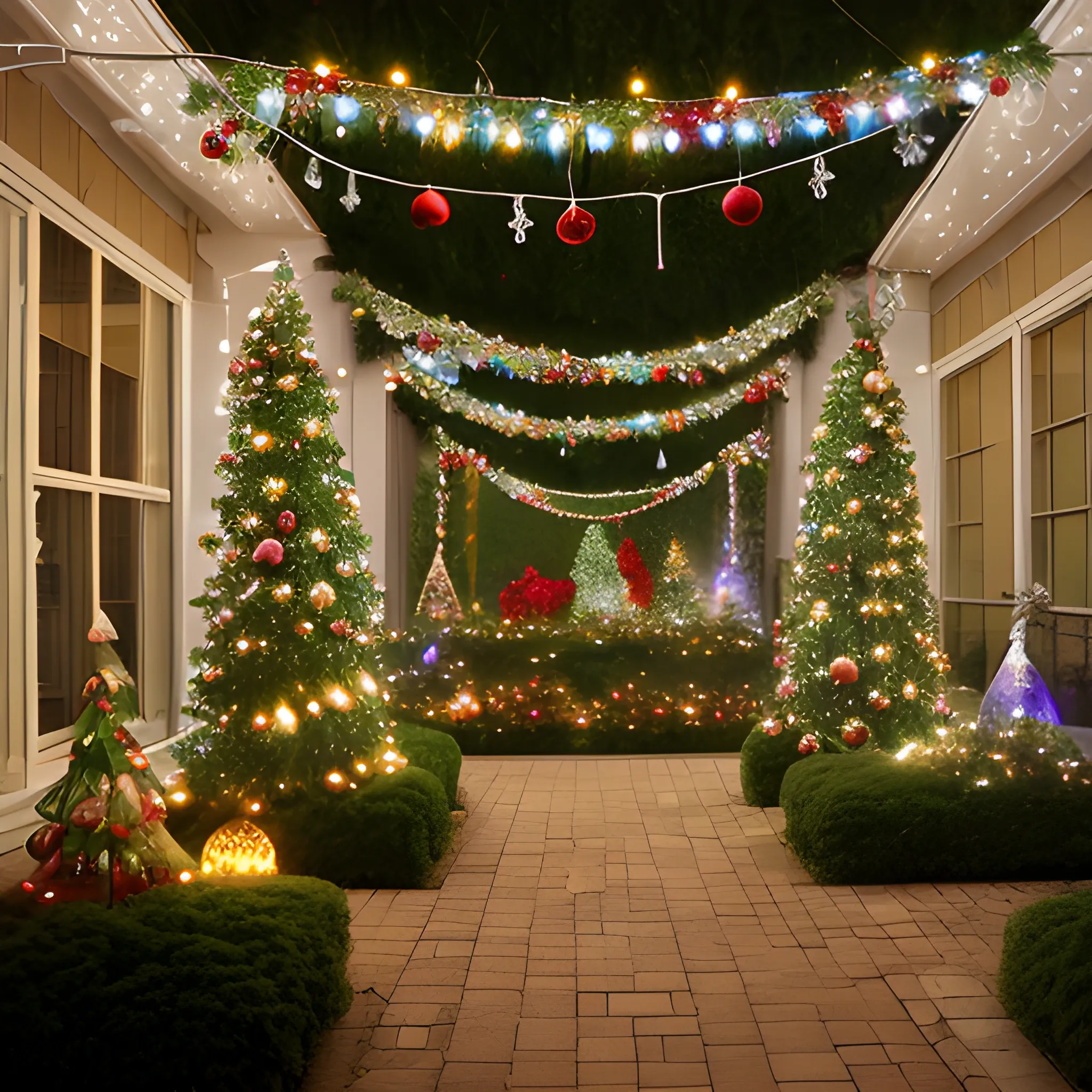 Liminal space garden with christmas decorations