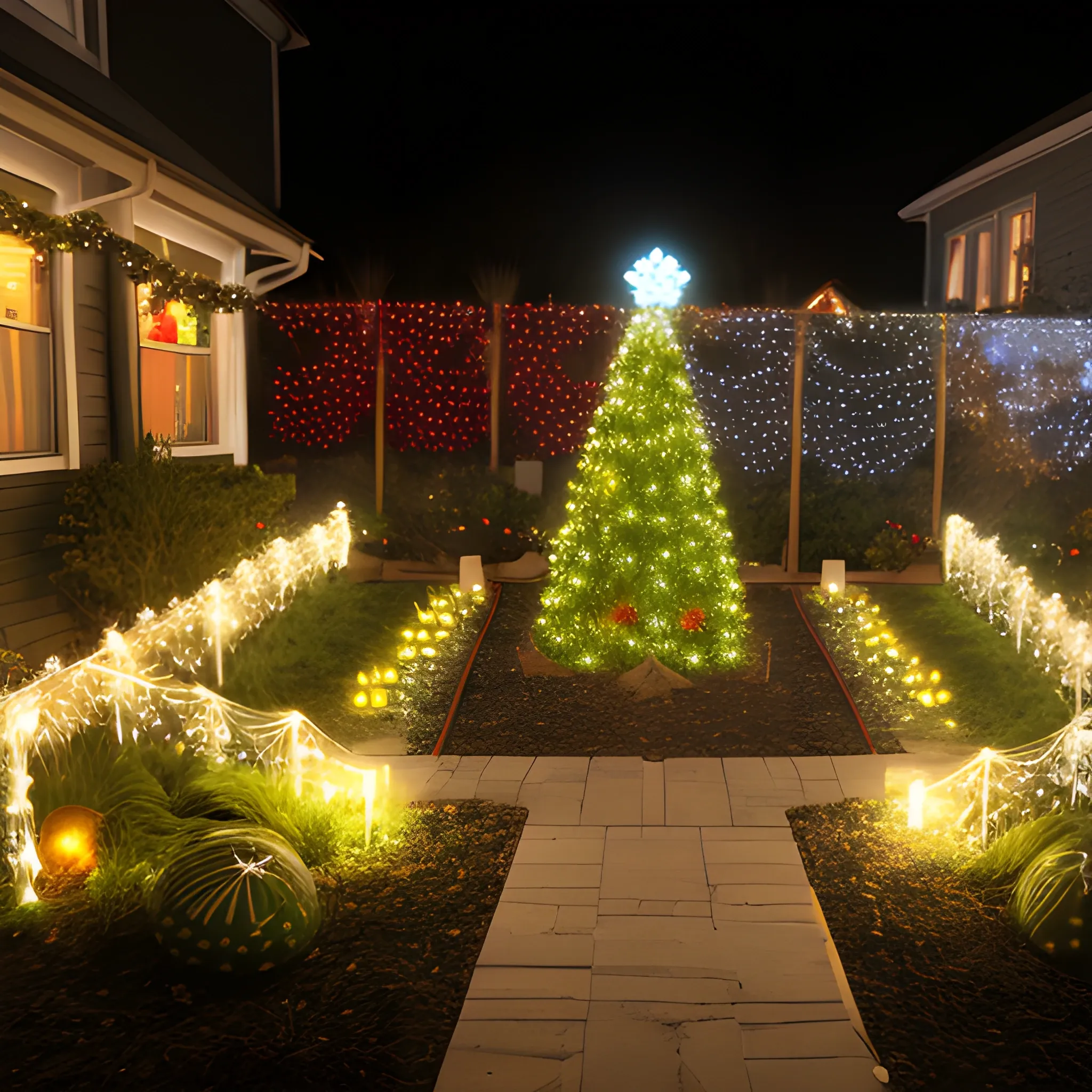 Liminal space garden with christmas decorations