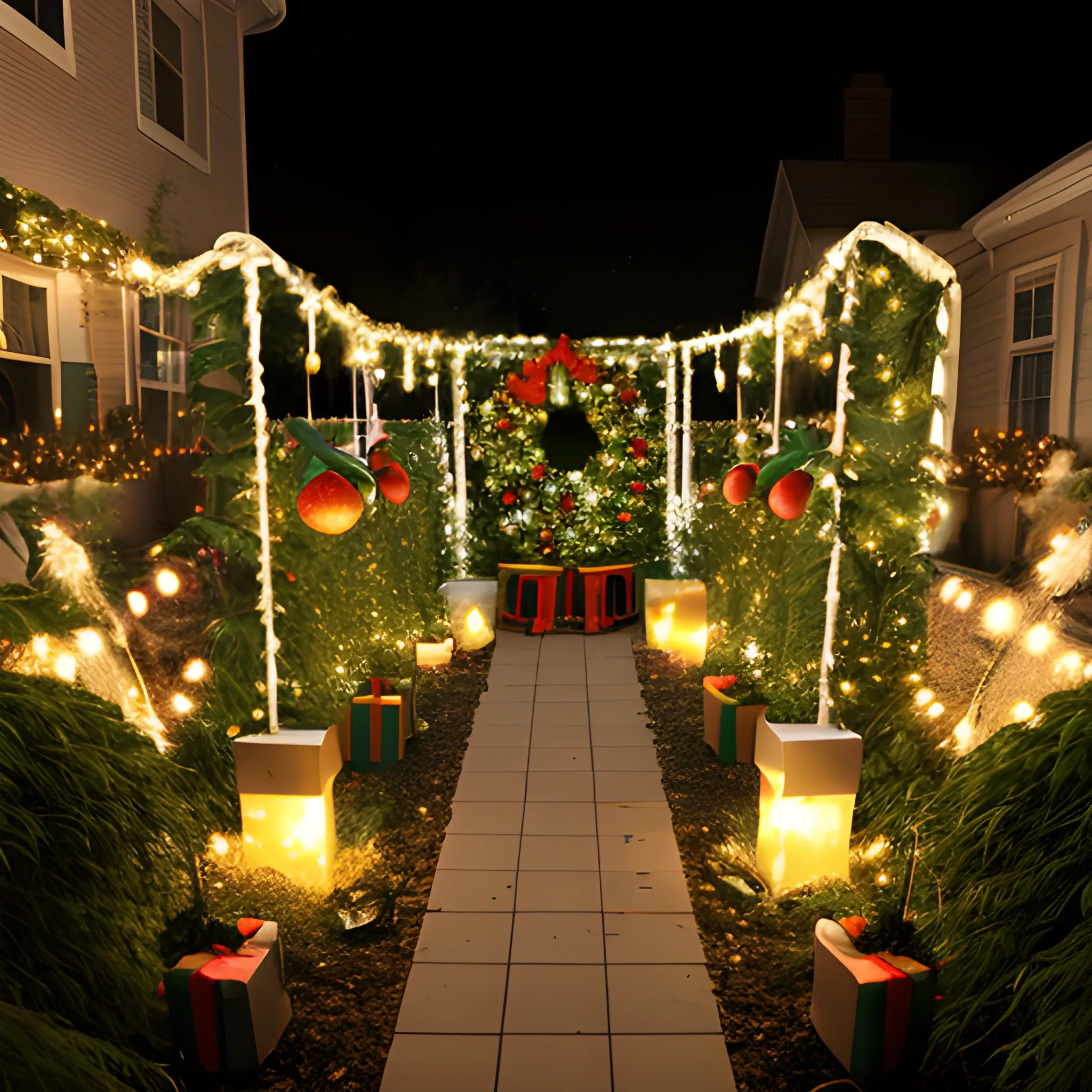 Liminal space garden with christmas decorations