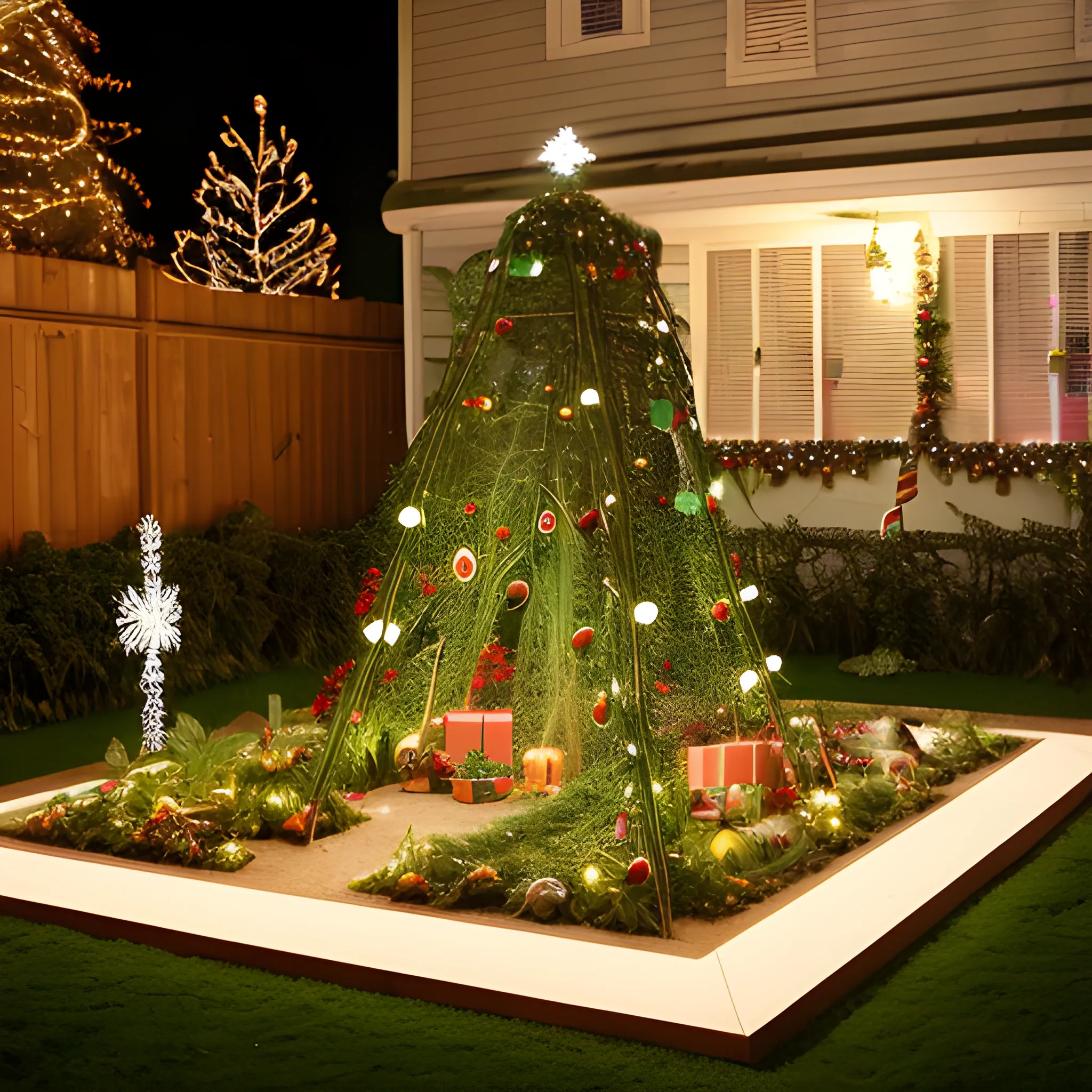 Liminal space garden with christmas decorations