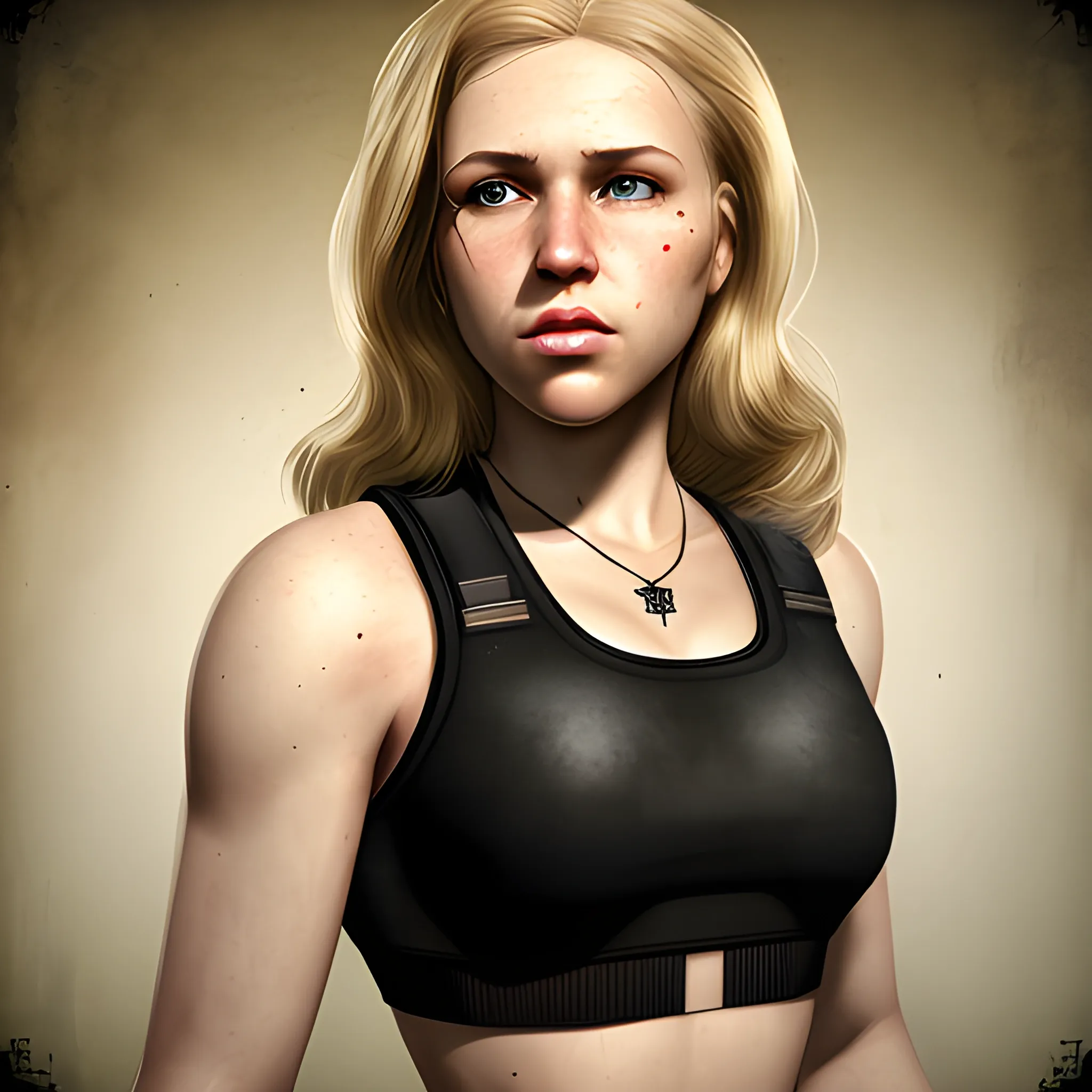 In the style of fallout 1, (masterpiece), (portrait photography), (portrait of a Caucasian female), no makeup, flat chested, white sports bra, dogtags, long hair, blond hair, brown eyes, full lips, round face, round nose, plump cheeks, black Bulletproof vest