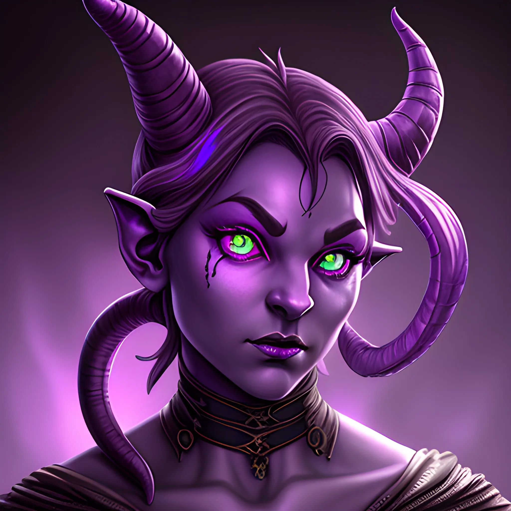 high definition, fantasy, purple female tiefling with glowing eyes