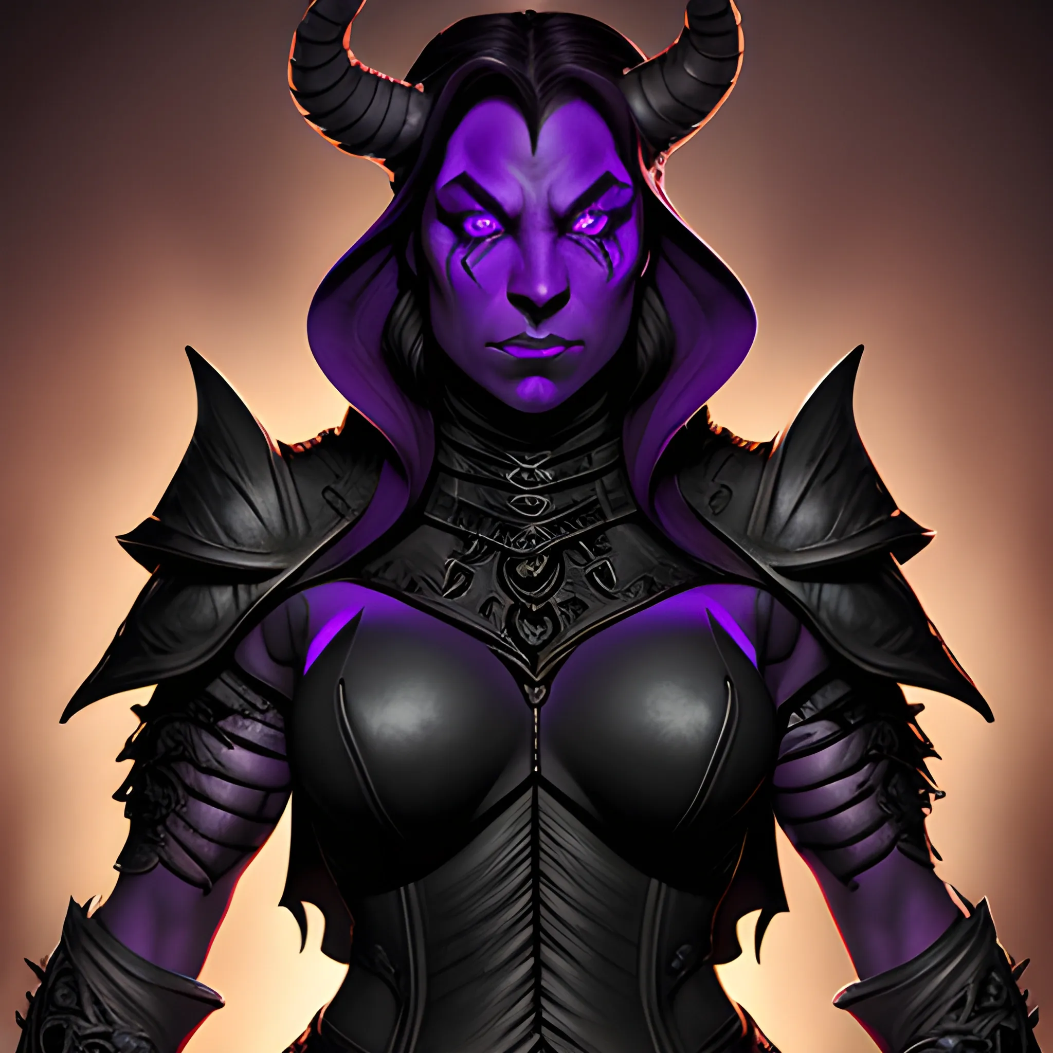 high definition, realistic, D&D, intimidating purple female tiefling with glowing eyes, in black warrior armor