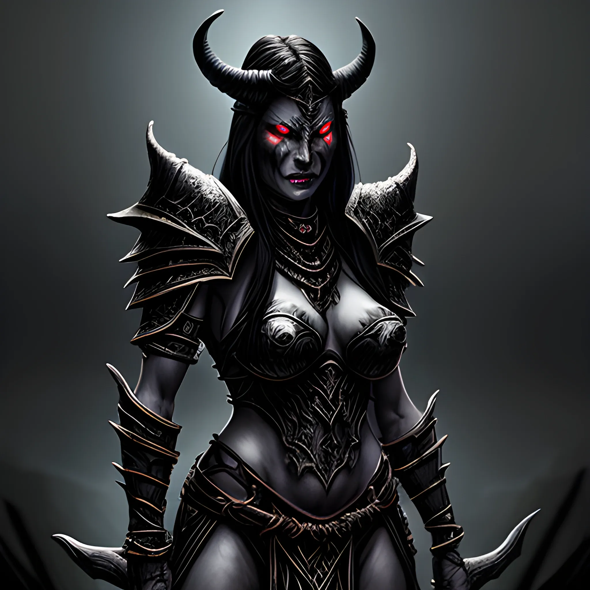 high definition, high fantasy D&D, intimidating female demon 
with glowing eyes, in black warrior armor