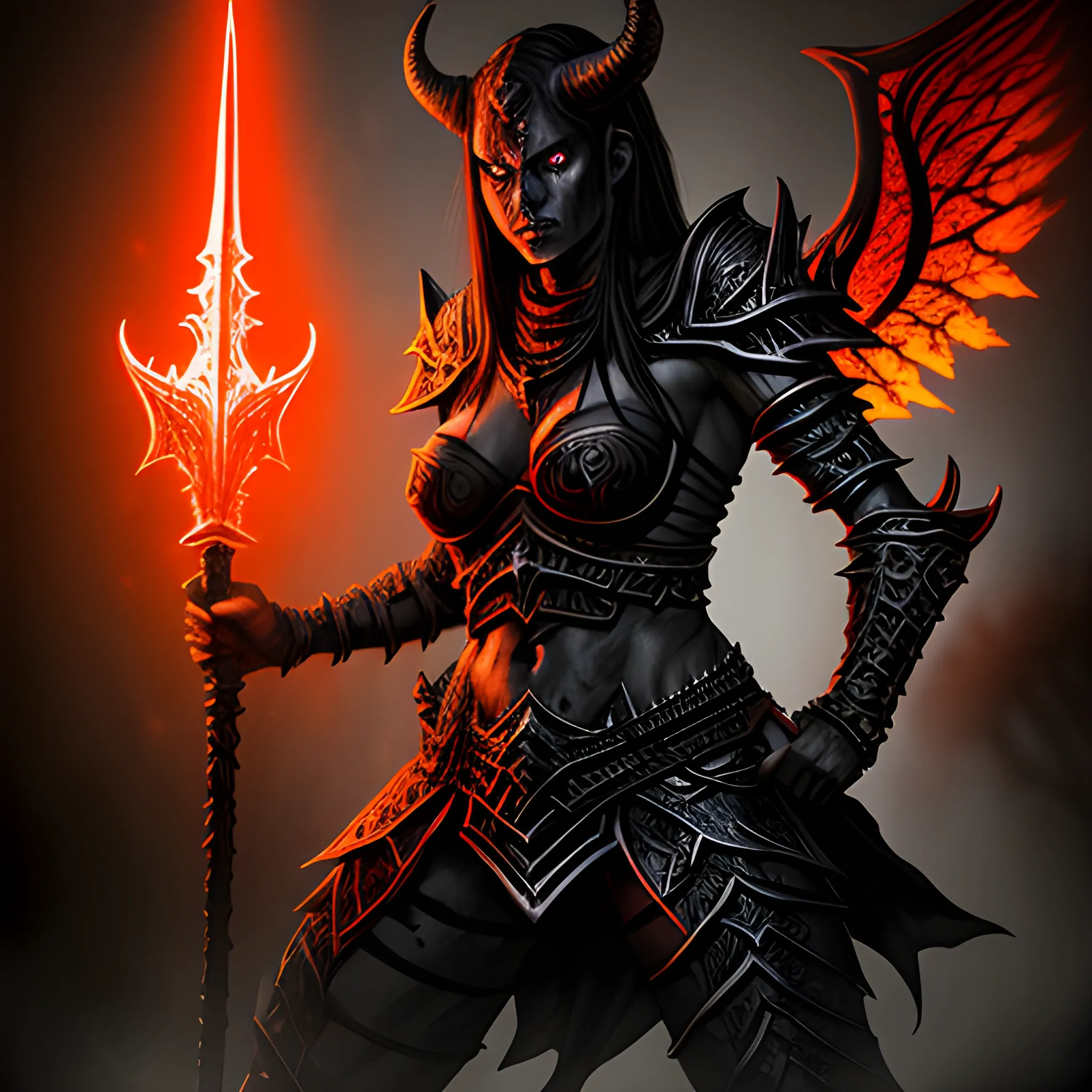 high definition, high fantasy D&D, intimidating female demon 
with glowing eyes, in black warrior armor