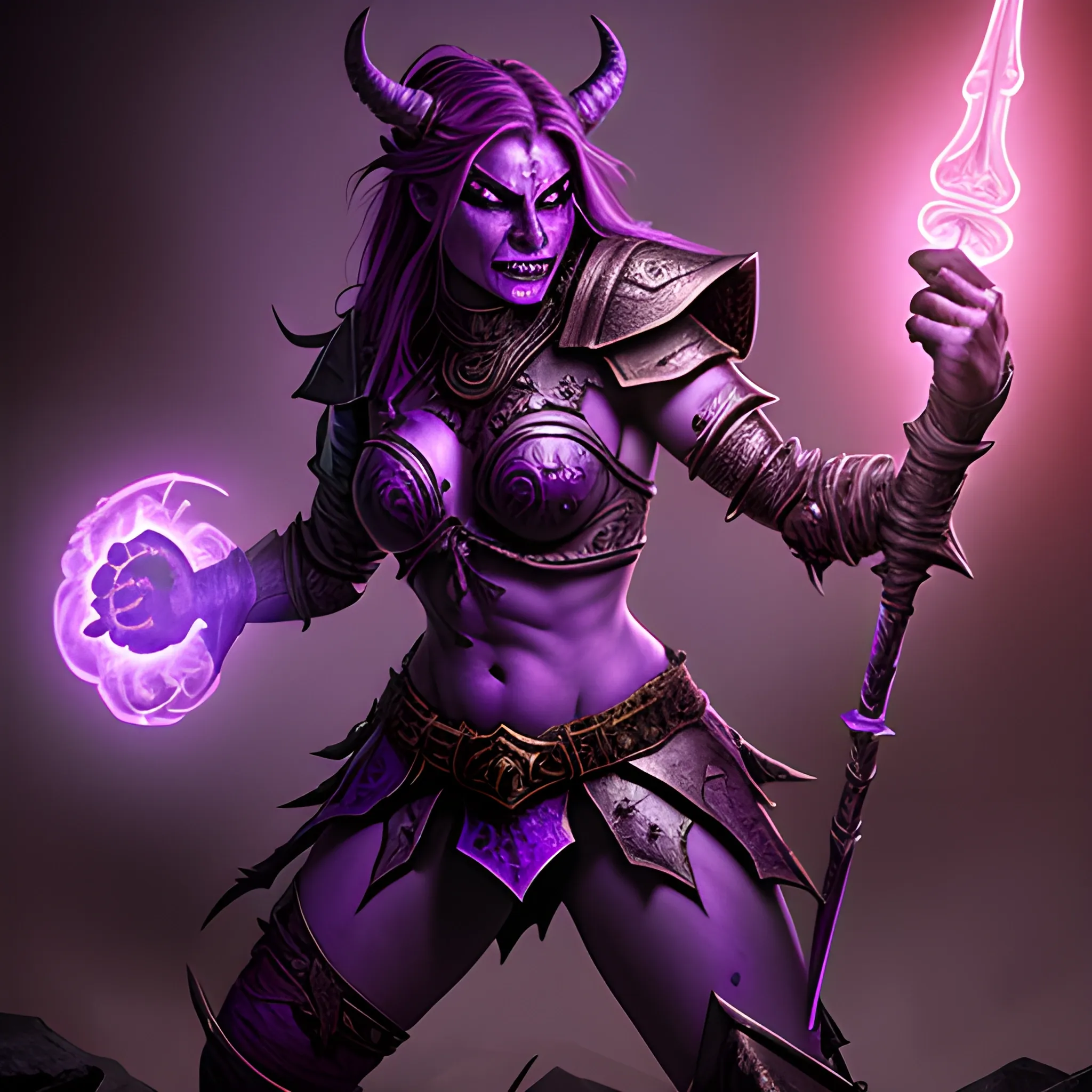 high definition, high fantasy D&D, intimidating purple female demon with glowing eyes, in warrior armor
