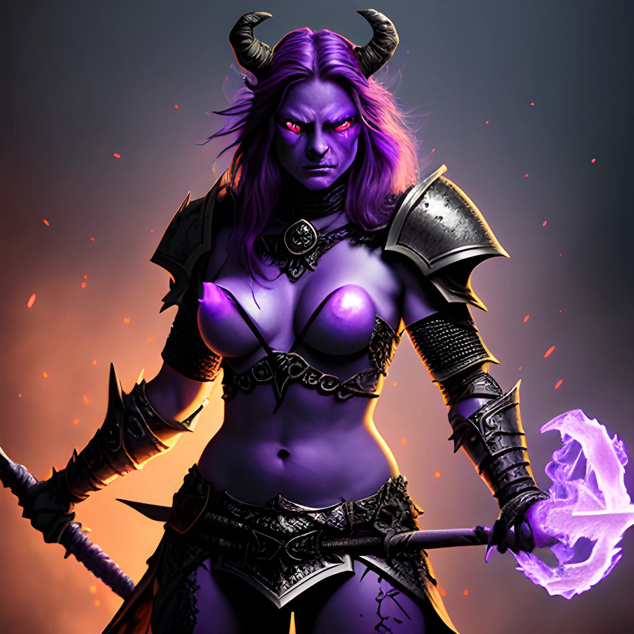 high definition, high fantasy D&D, intimidating purple female demon with glowing eyes, in warrior armor