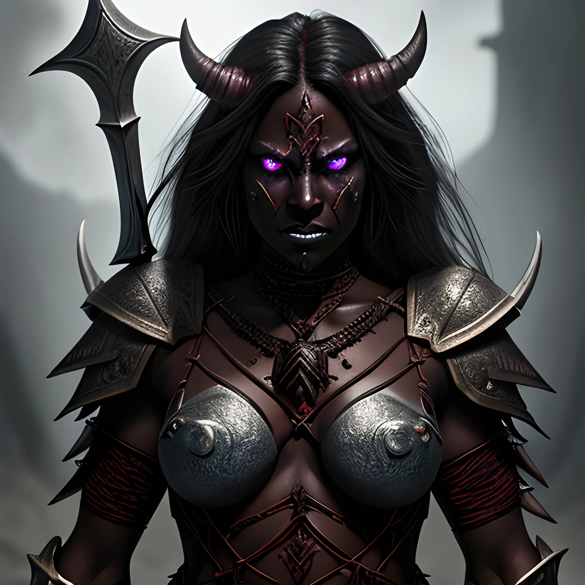 high definition, high fantasy D&D, intimidating dark skinned female demon with glowing eyes, in warrior armor
