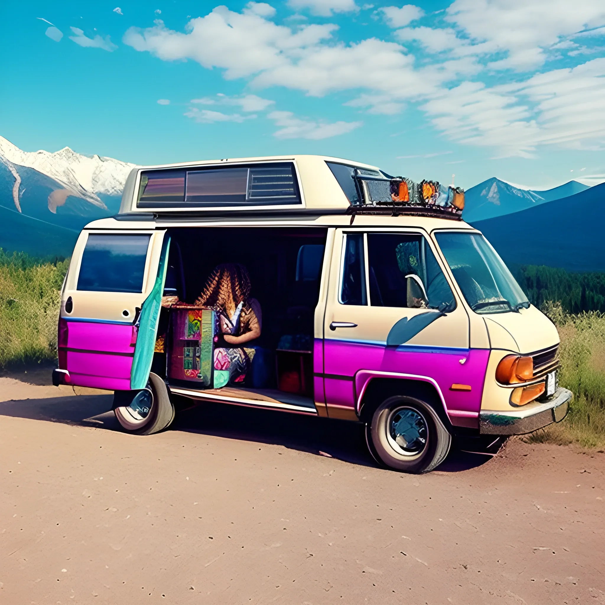 Show me a cool picture of a van with hippie style and a lot of people inside having fun, going to the mountain to a rave