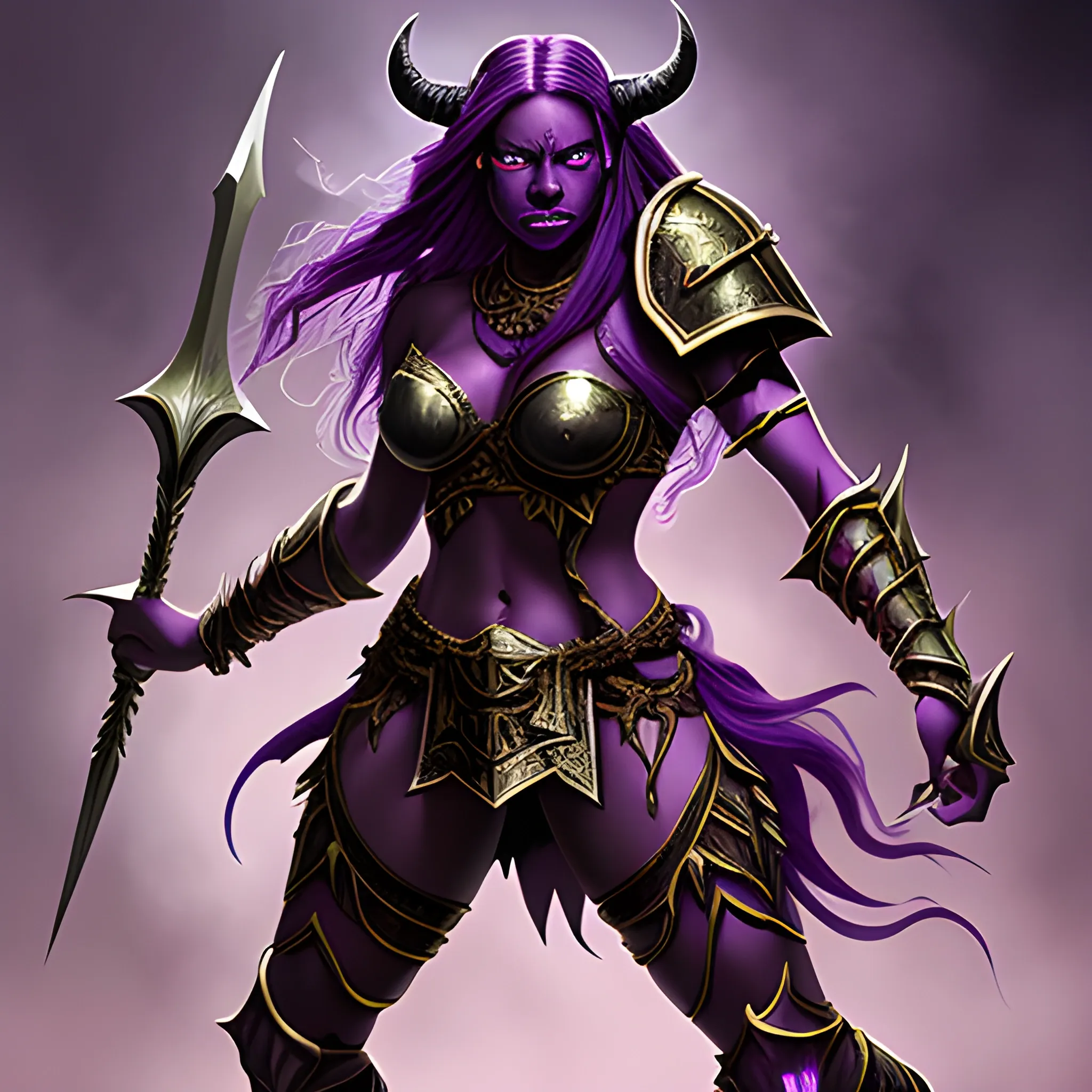 high fantasy D&D, intimidating dark skinned female demon with glowing eyes and long purple hair, in warrior armor