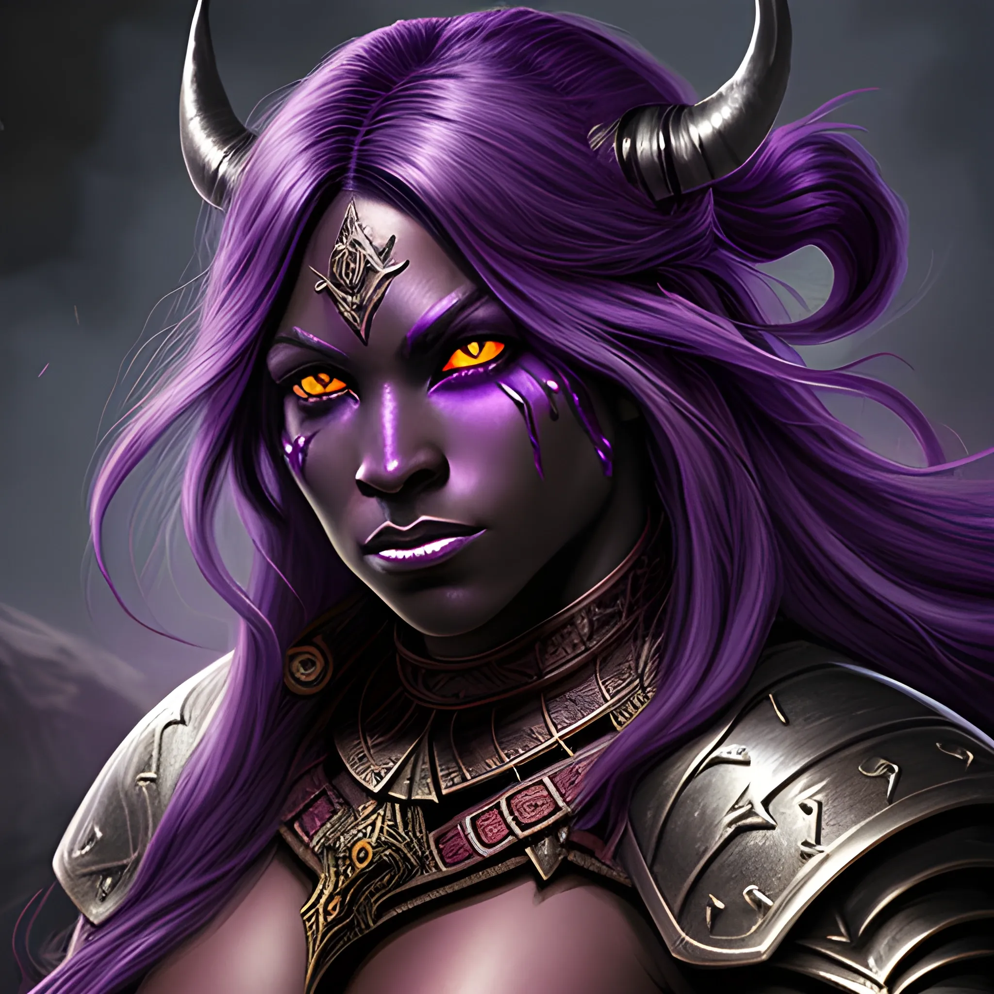 detailed portrait, high fantasy D&D, strong dark skinned female demon with glowing eyes and long purple hair, in warrior armor
