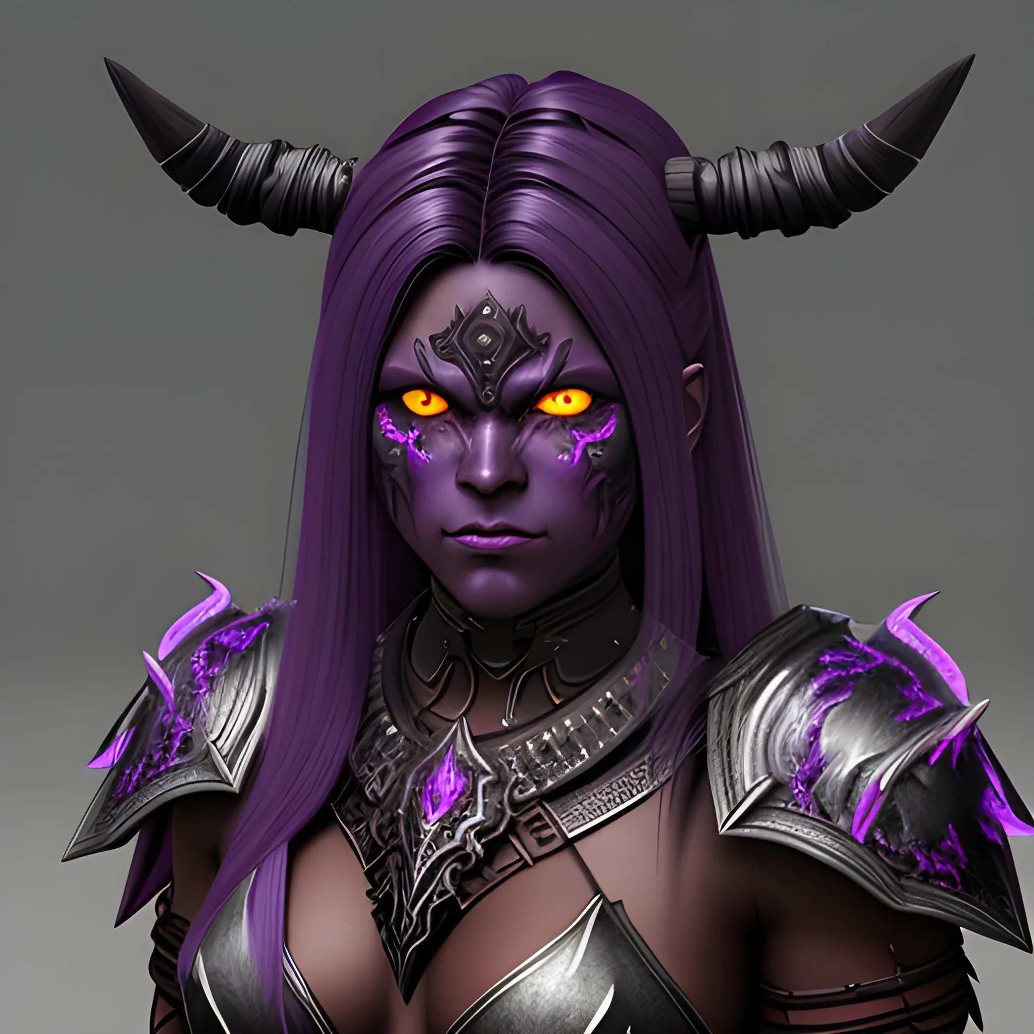detailed portrait, strong dark skinned female demon with glowing eyes and long purple hair, in warrior armor, 3D