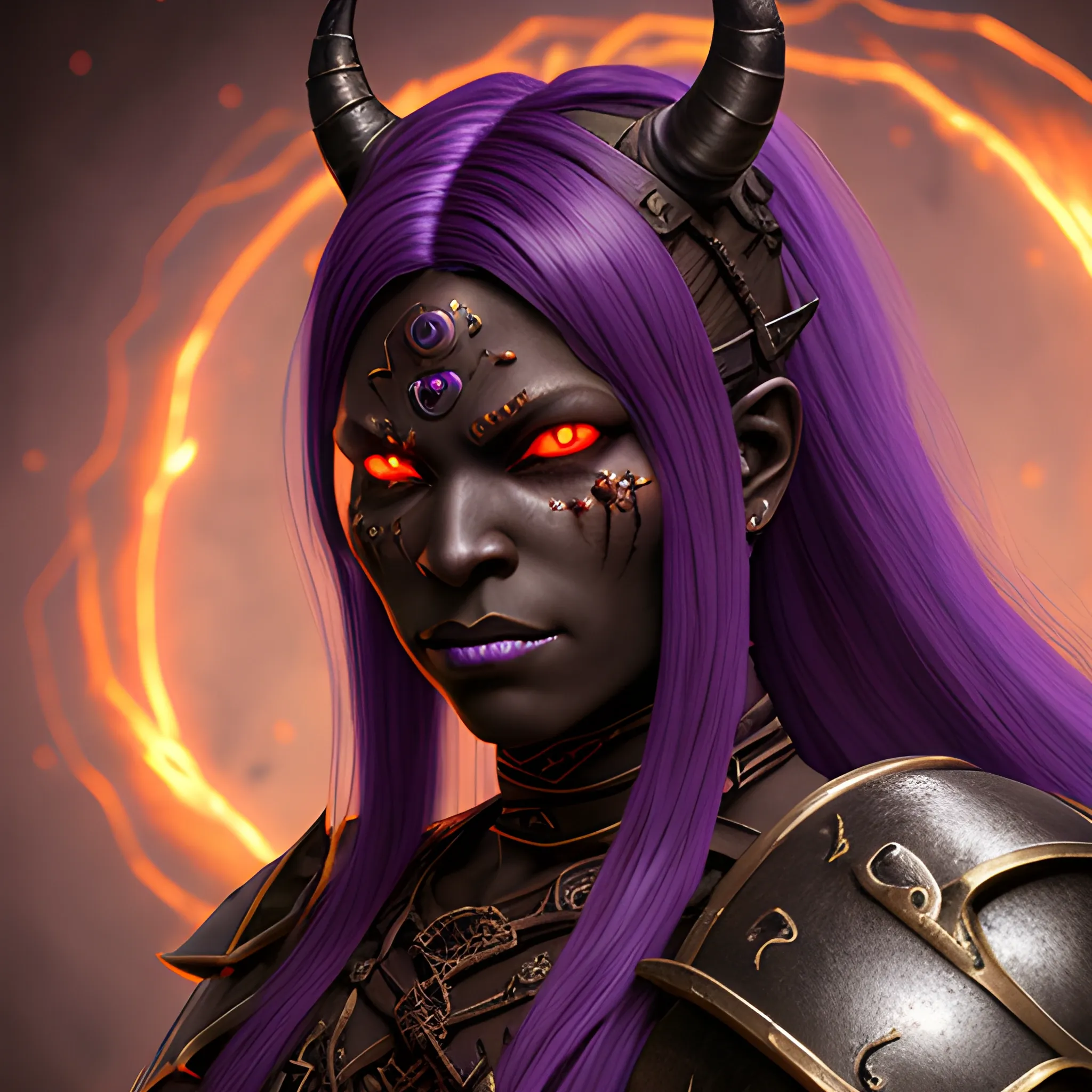 detailed portrait, strong dark skinned female demon with glowing