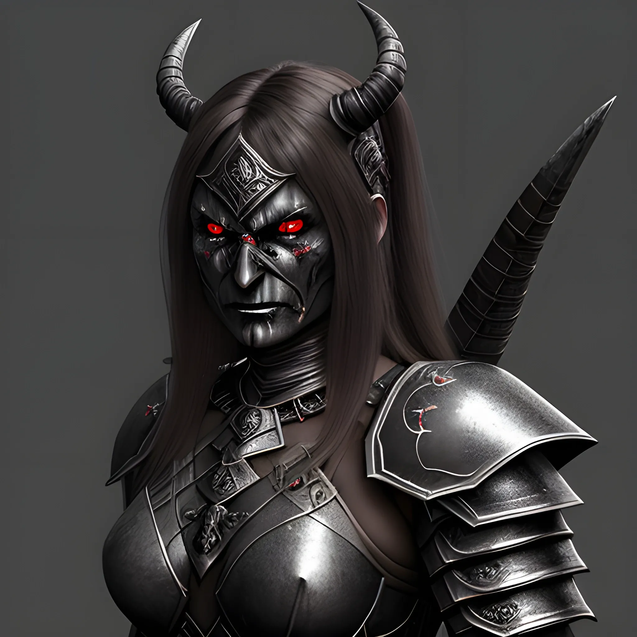 detailed portrait, strong dark female demon with glowing eyes and long hair, in warrior armor, 3D