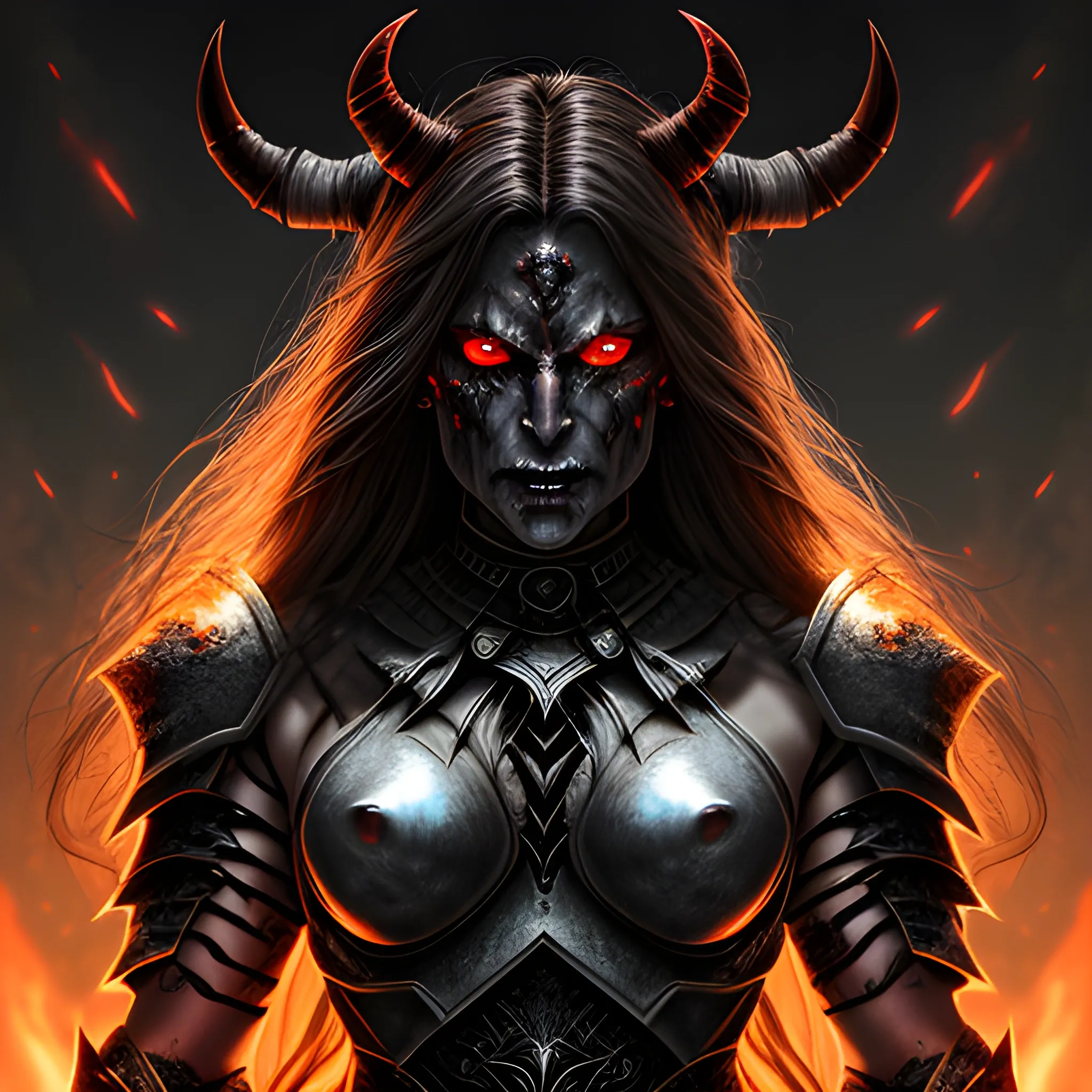 detailed portrait, strong dark female demon with glowing eyes and long hair, in warrior armor
