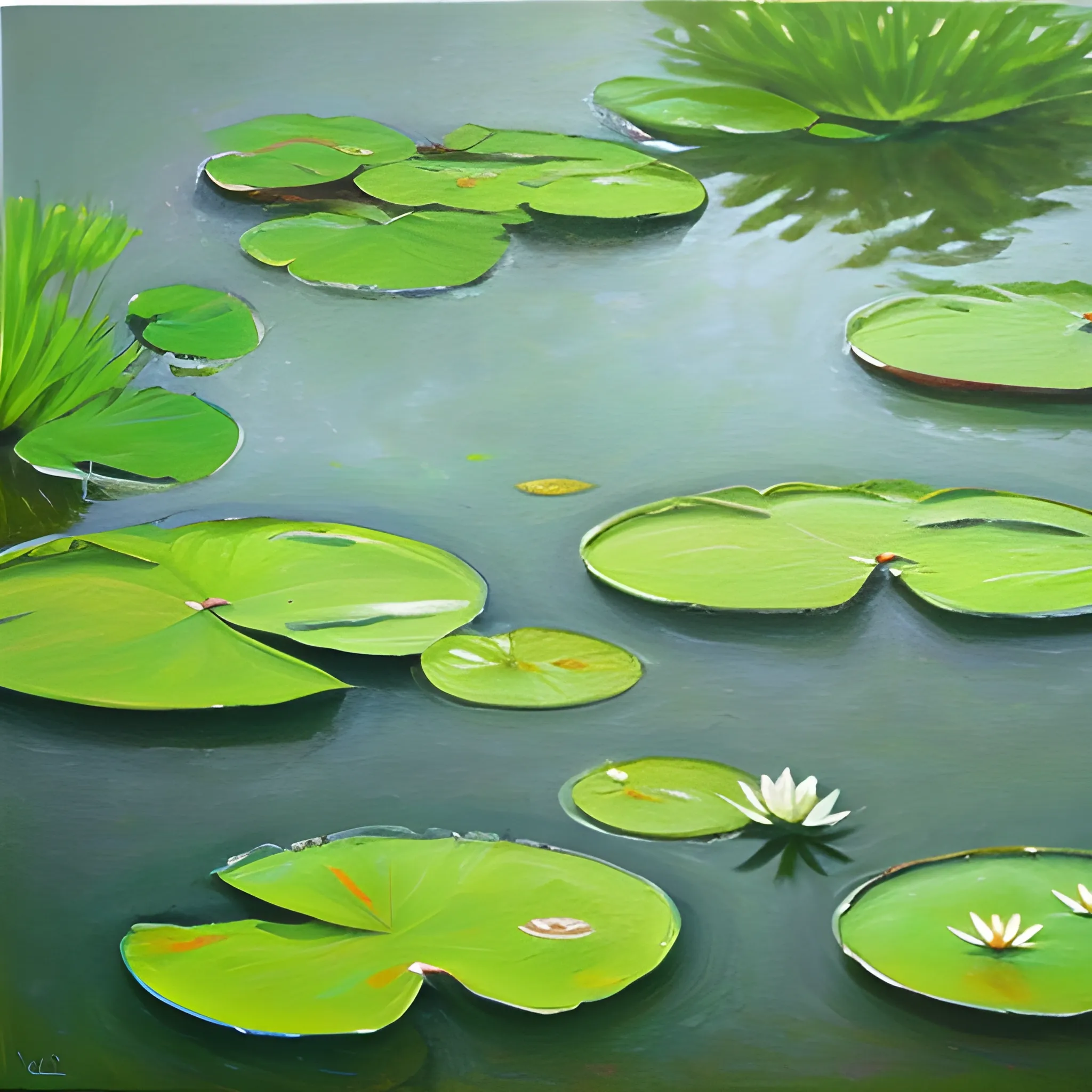 white water lilies in a green pond, Oil Painting