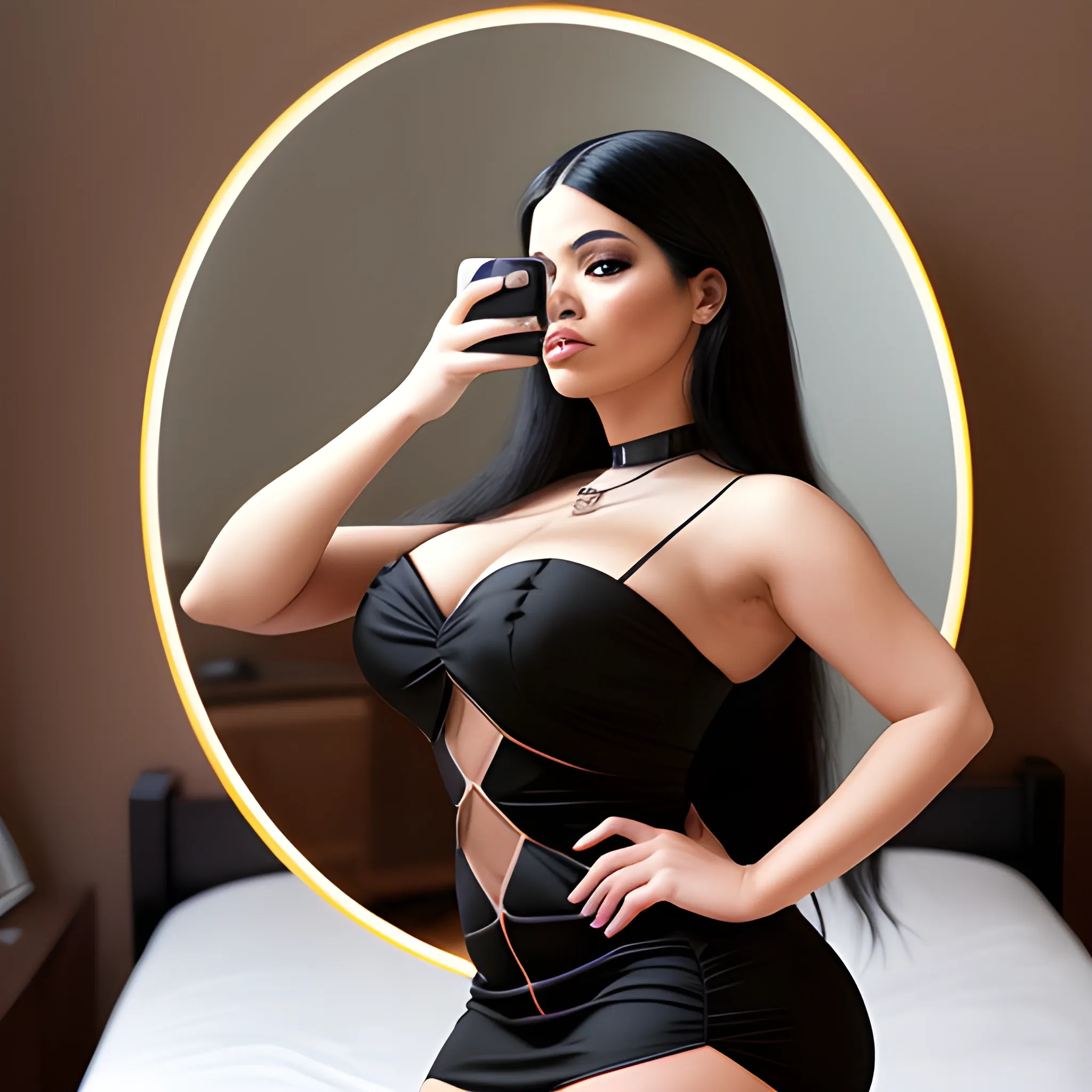 full-length photo, 70mm lens, hourglass figure, aesthetic, symmetrical, posing, angular face, goosebumps, realistic, detailed,  (perfect fingers:1.2), photographed by a Nikon Z7 II Camera, masterpiece, amazing photorealistic 4k long black hair latina woman in the bedroom, dressed in a mini dress, high heels, sexy pose, taking a picture of herself on a mirror,  perfect face, show entire face