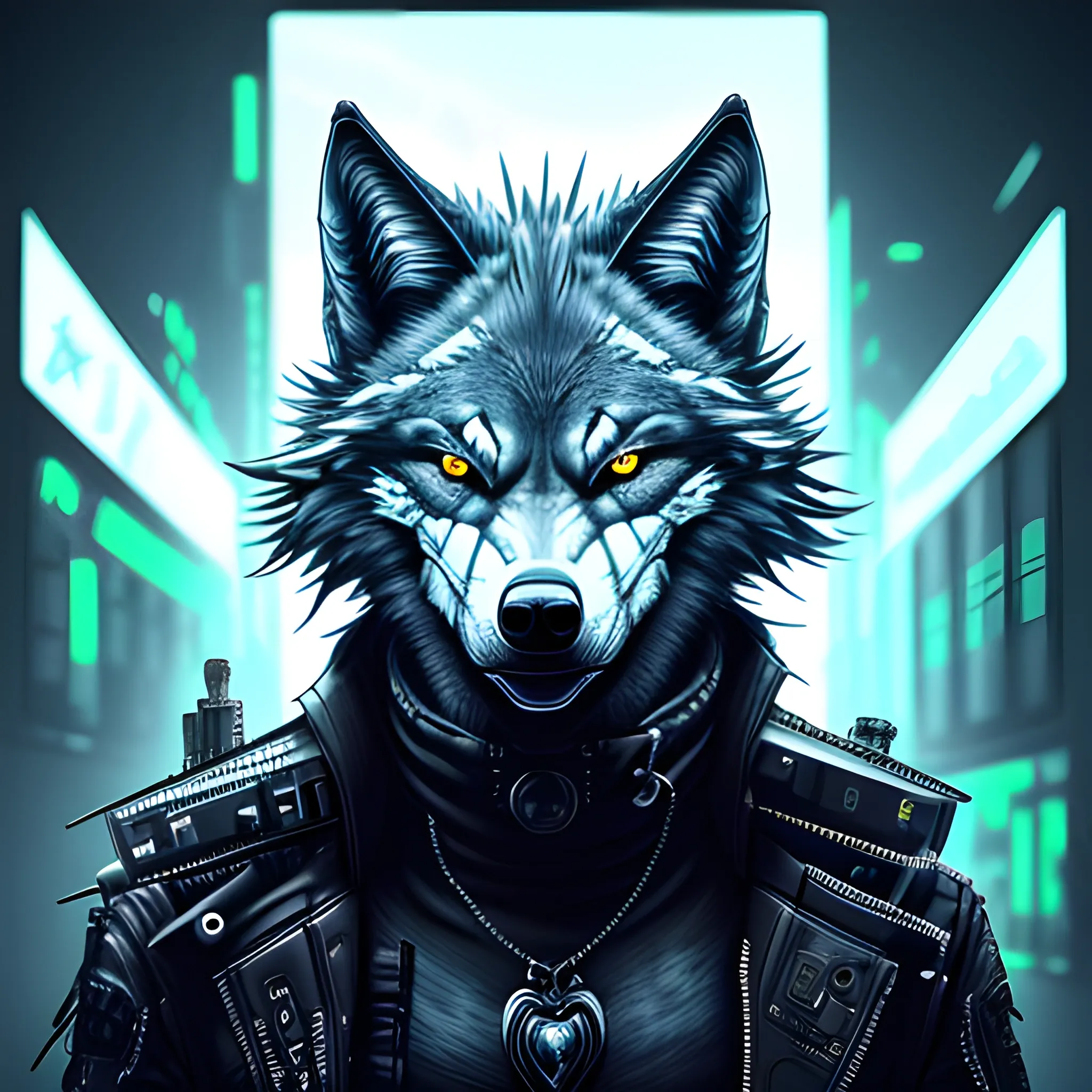 creat an angry wolf with cyberpunk style, Trippy