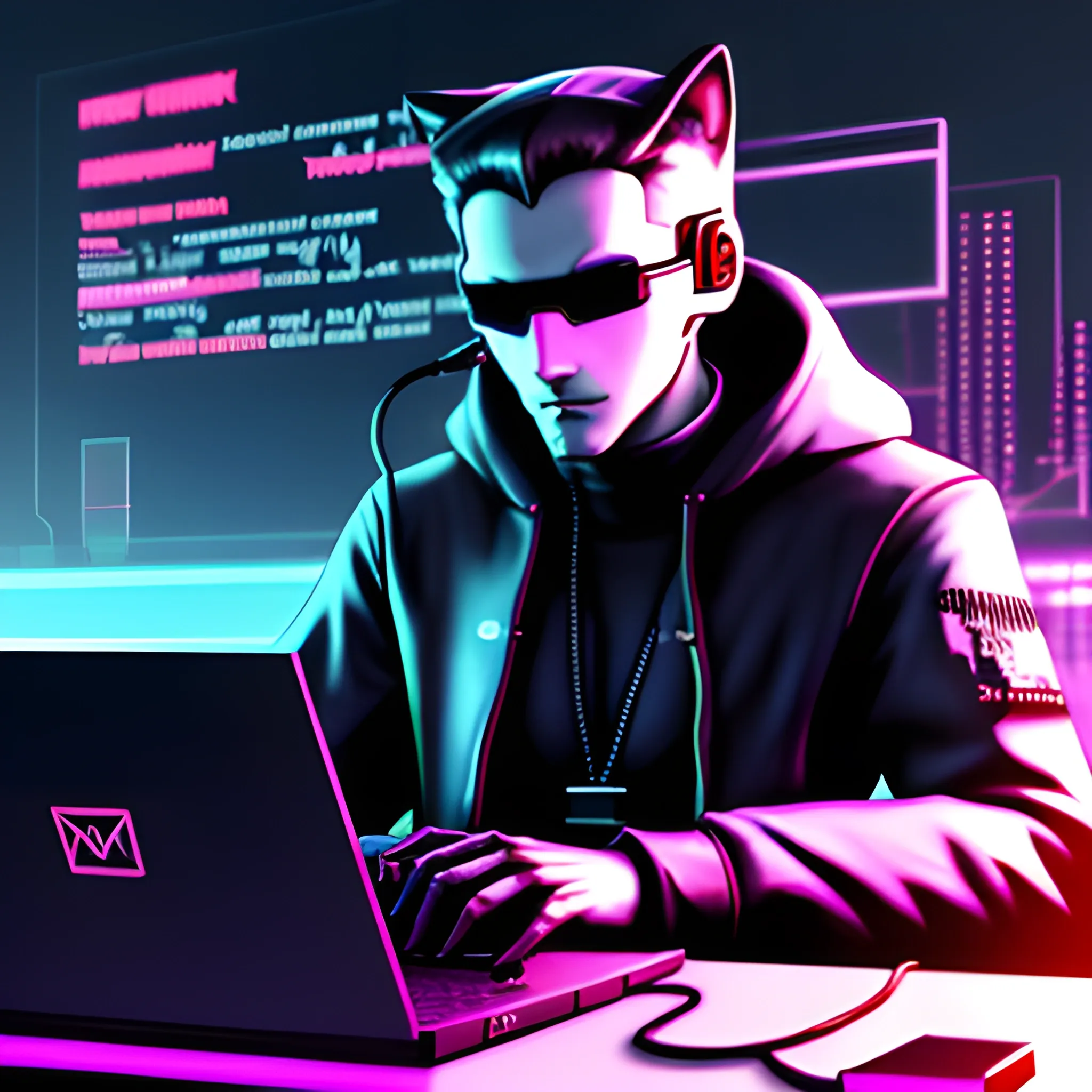 Anfry wolf being a hacker with cyberpunkstyle, Trippy