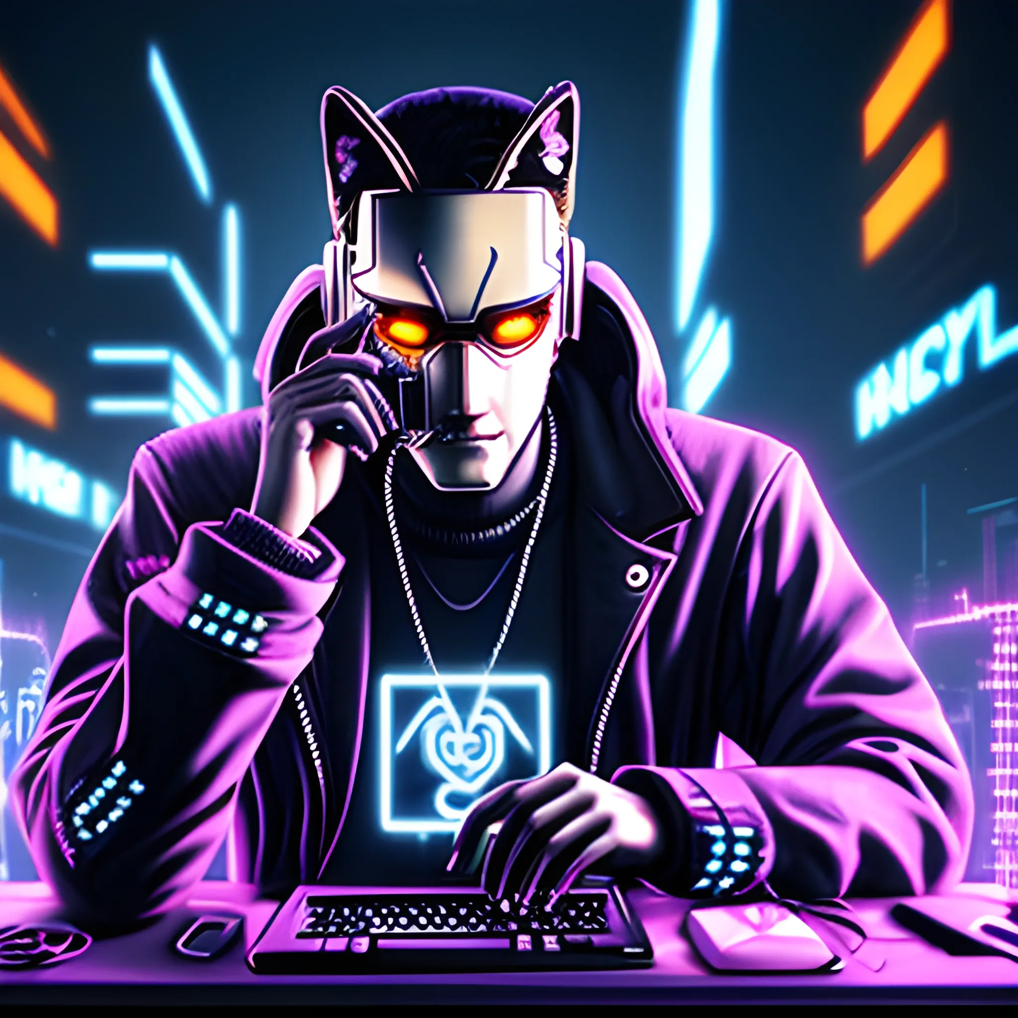 Anfry wolf being a hacker with cyberpunkstyle, Trippy