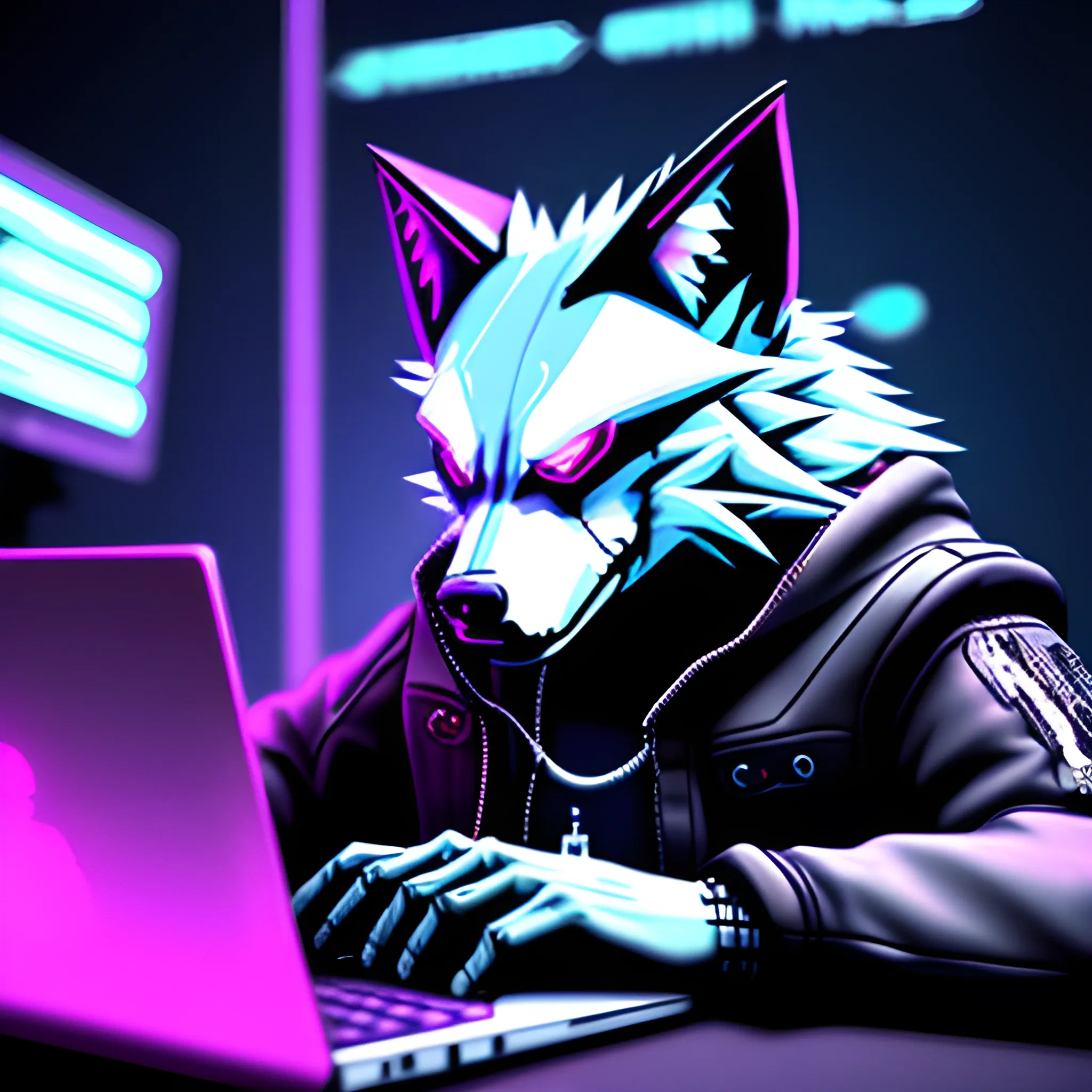 Angry wolf being a hacker with cyberpunkstyle, Trippy