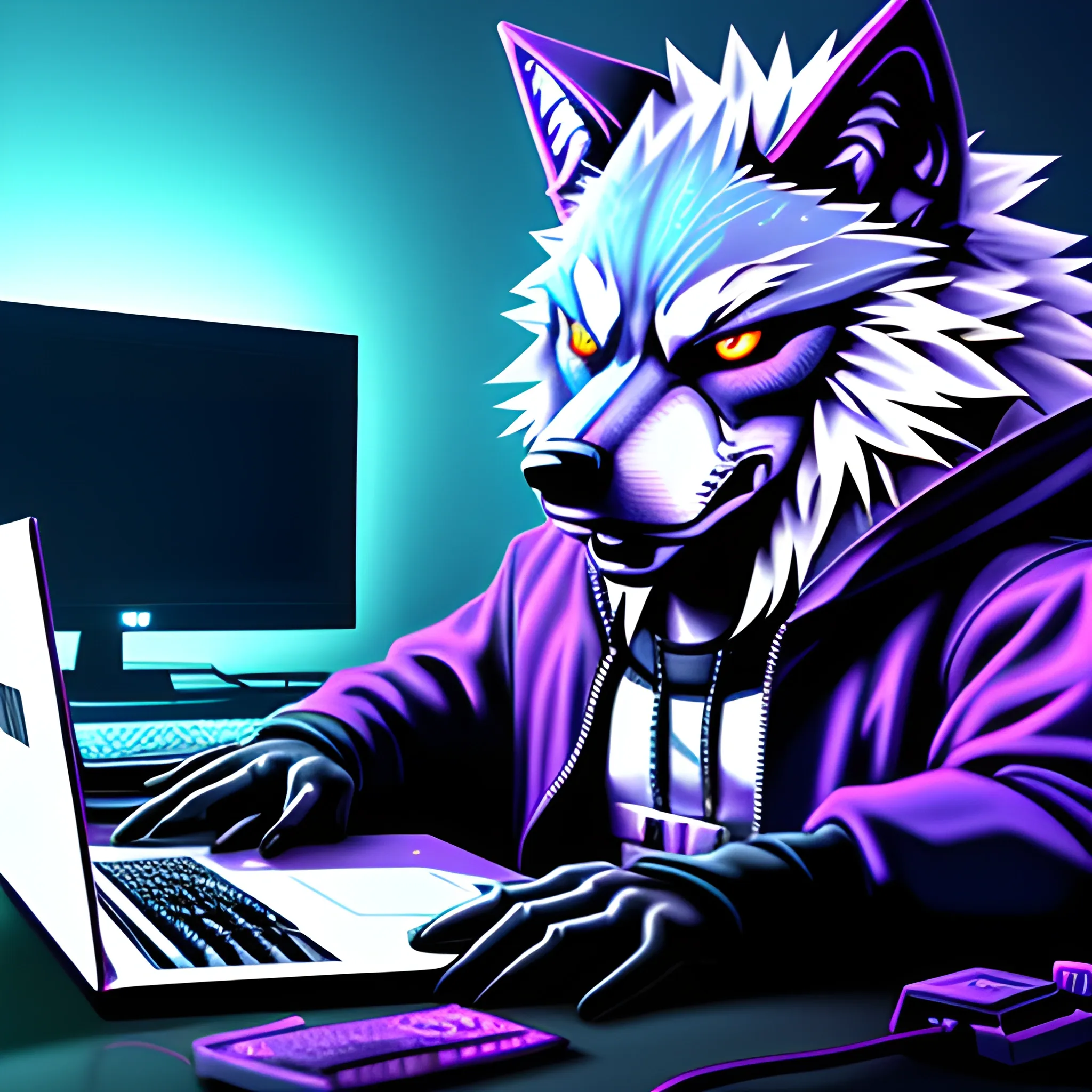 Angry wolf being a hacker with cyberpunkstyle, Trippy