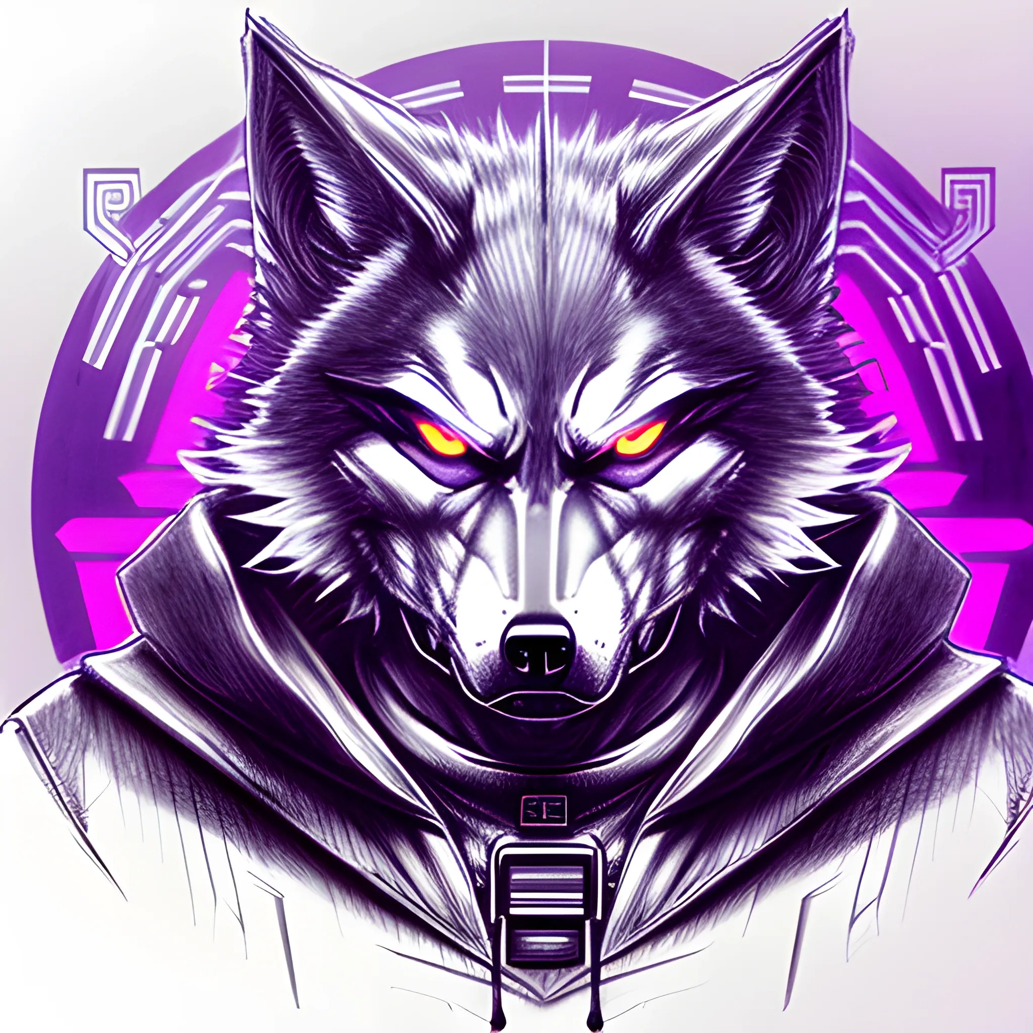 Angry wolf being a hacker with cyberpunkstyle, , Pencil Sketch