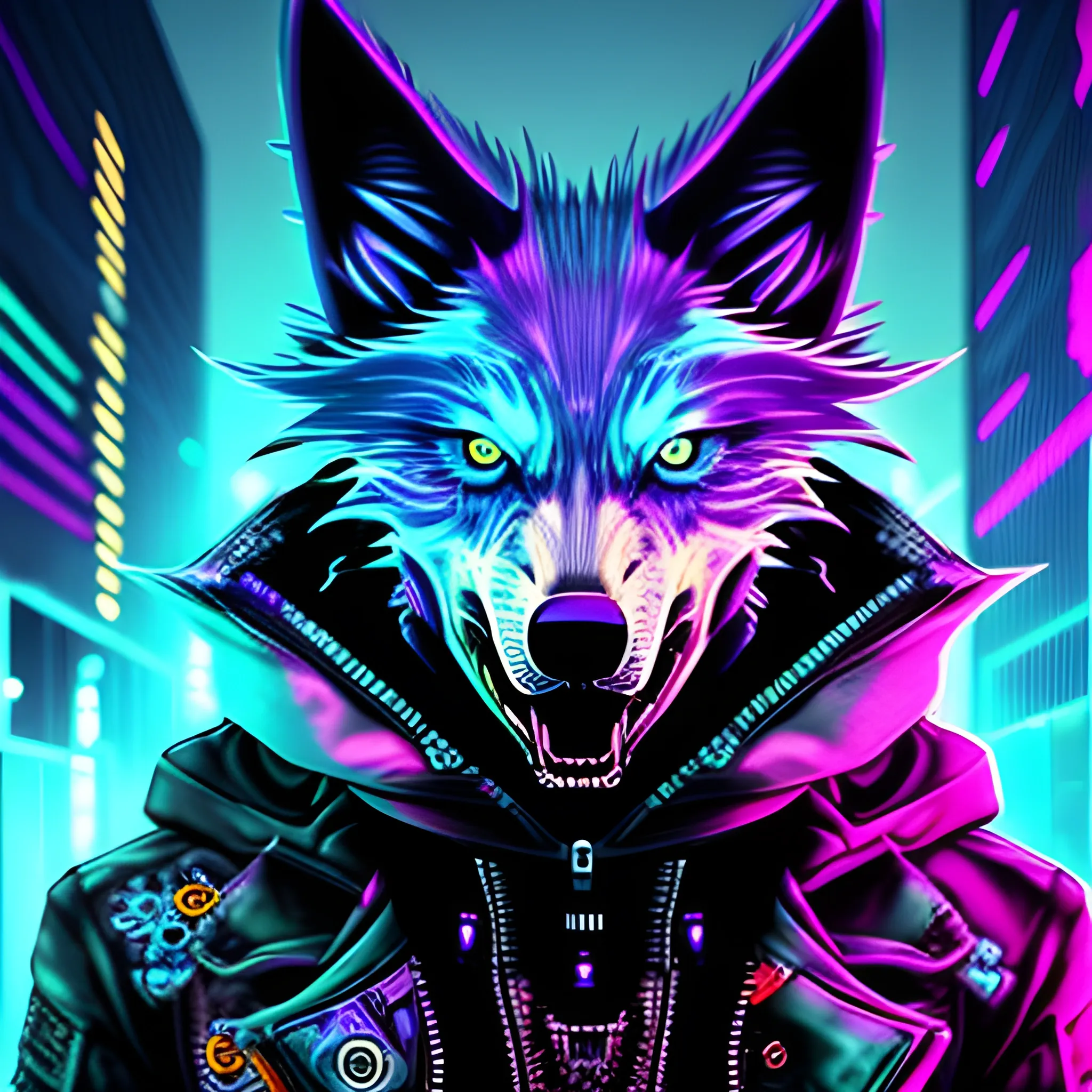 An angry Cyberpunk wolf, Trippy