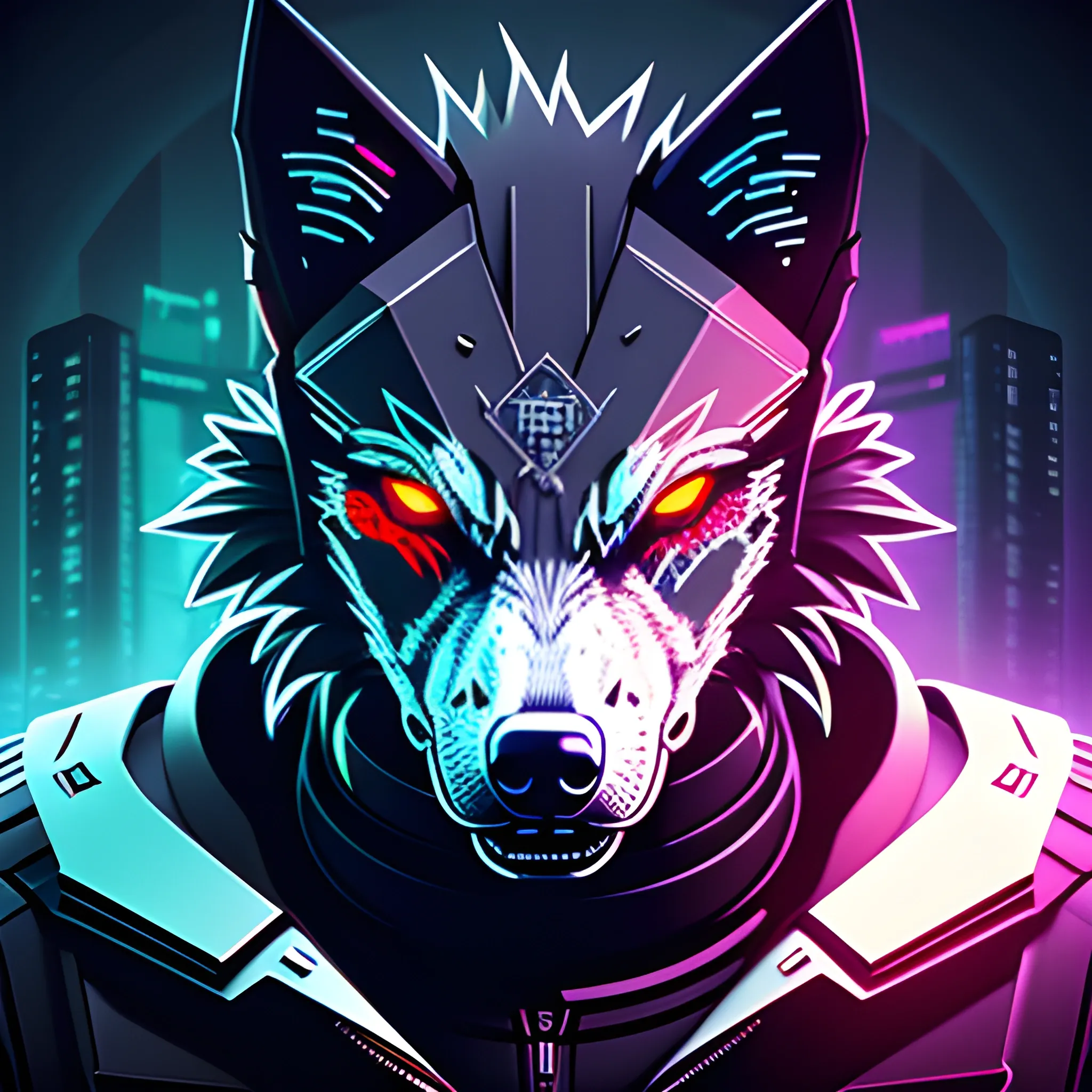 An angry cyberpunk wolf logo