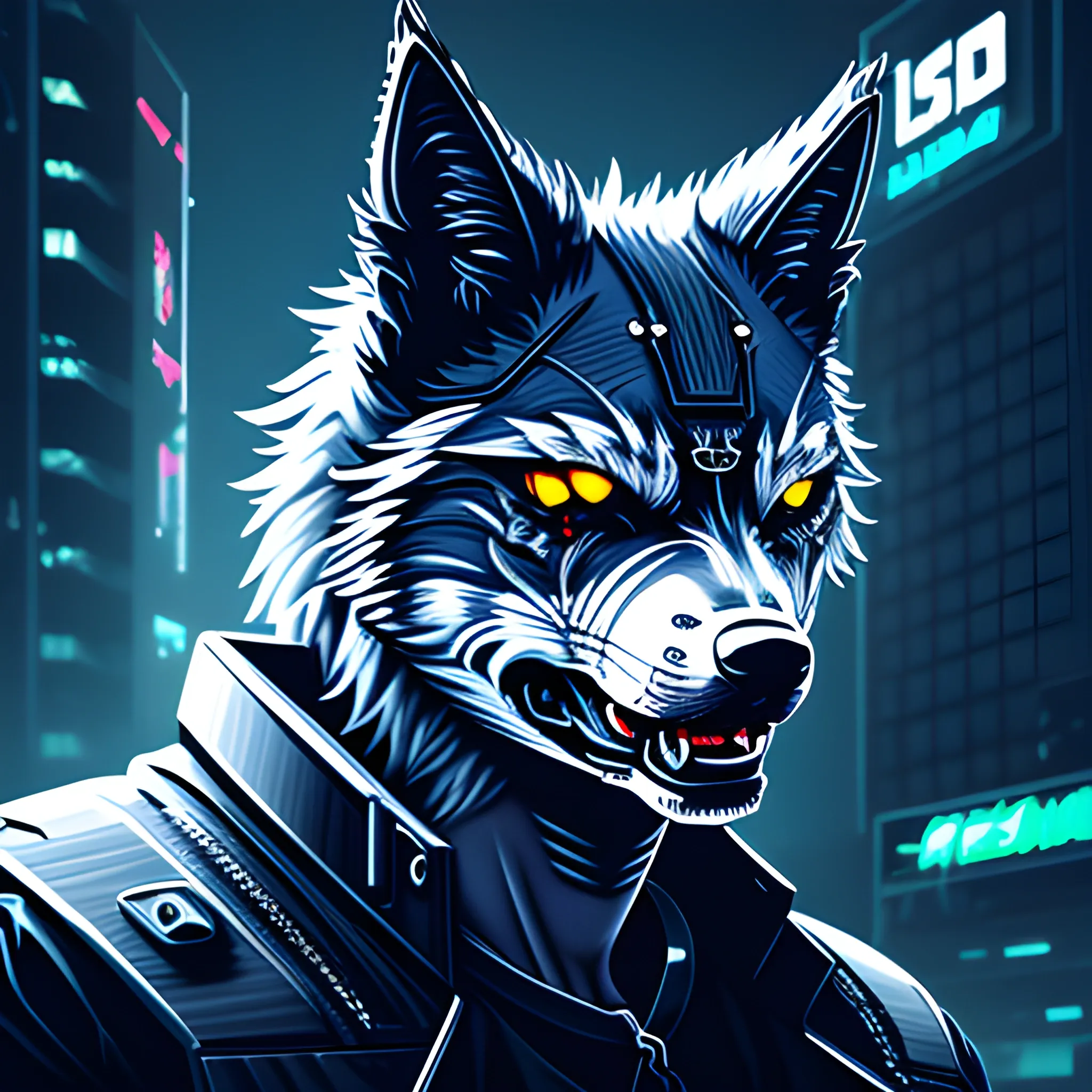 An angry cyberpunk wolf logo