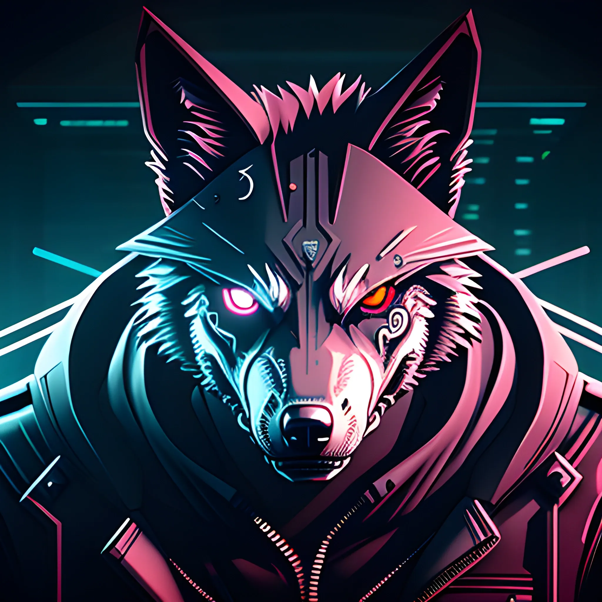 An angry cyberpunk wolf logo