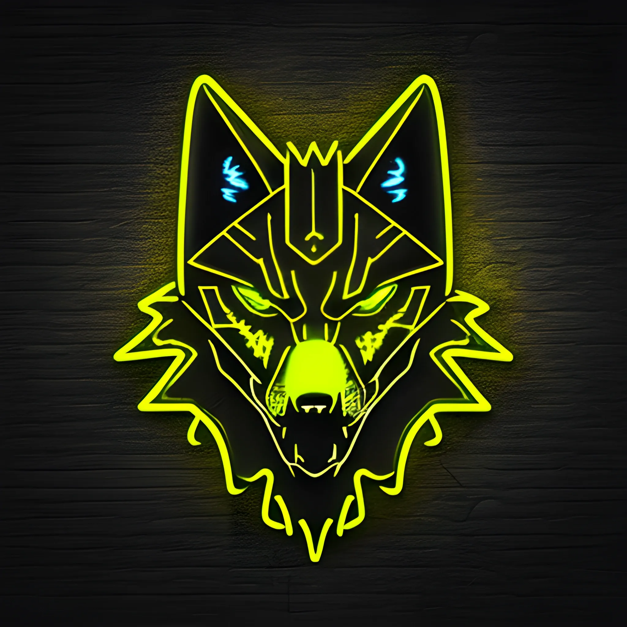 An angry cyberpunk wolf logo, using the yellow neon color, with an "A"at the background