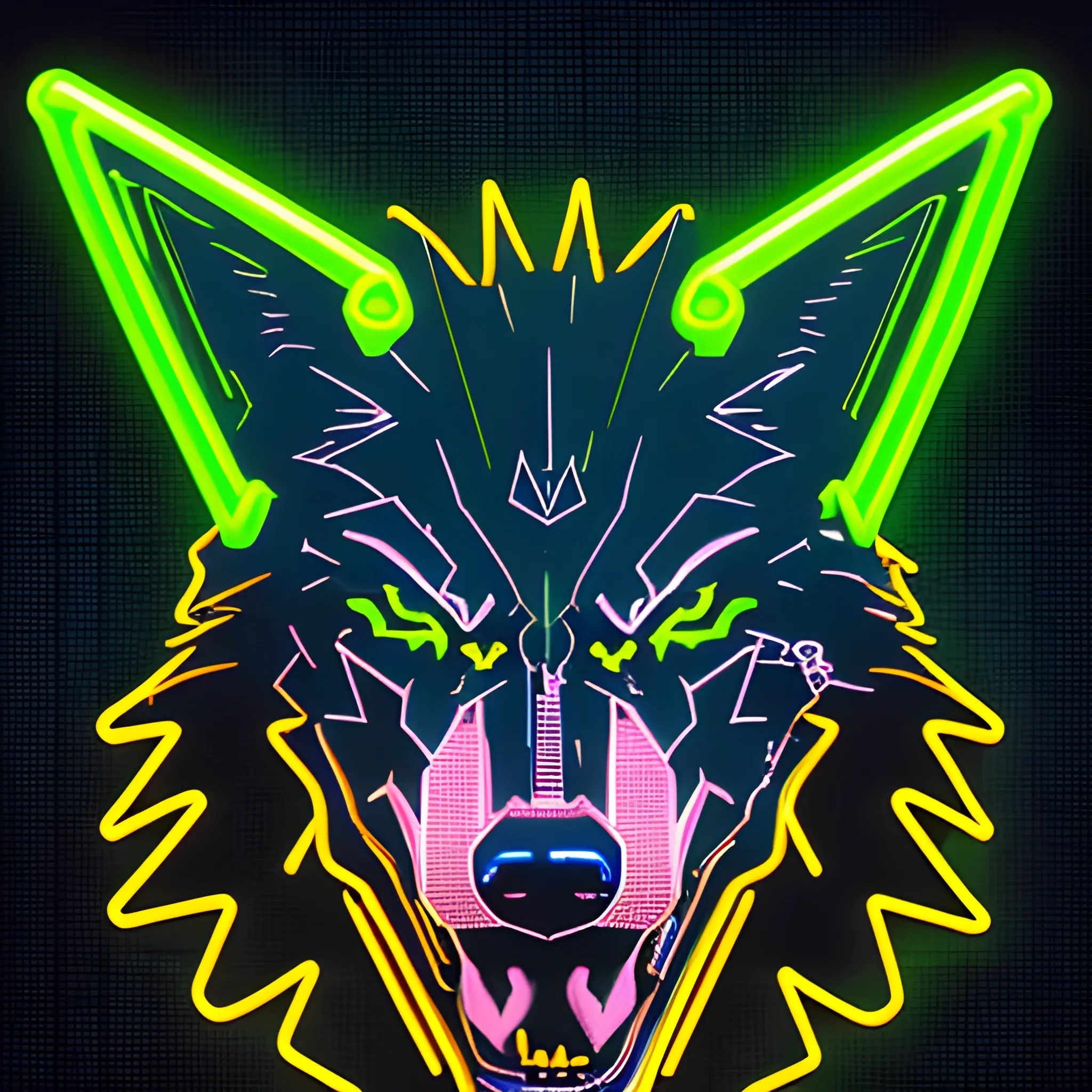 An angry cyberpunk wolf logo, using the yellow neon color, with an "A"at the background
