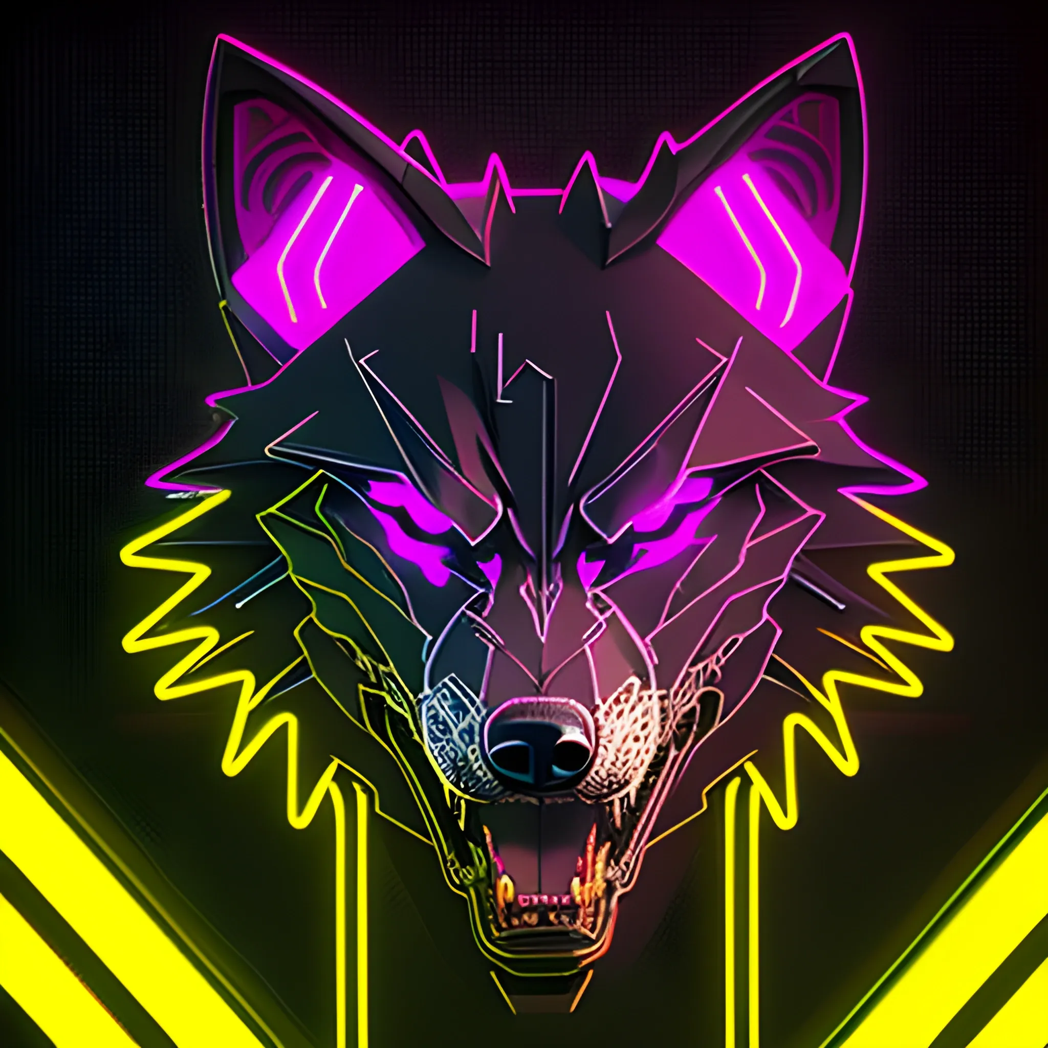 An angry cyberpunk wolf logo, using the yellow neon color, with an "A"at the background, 3D