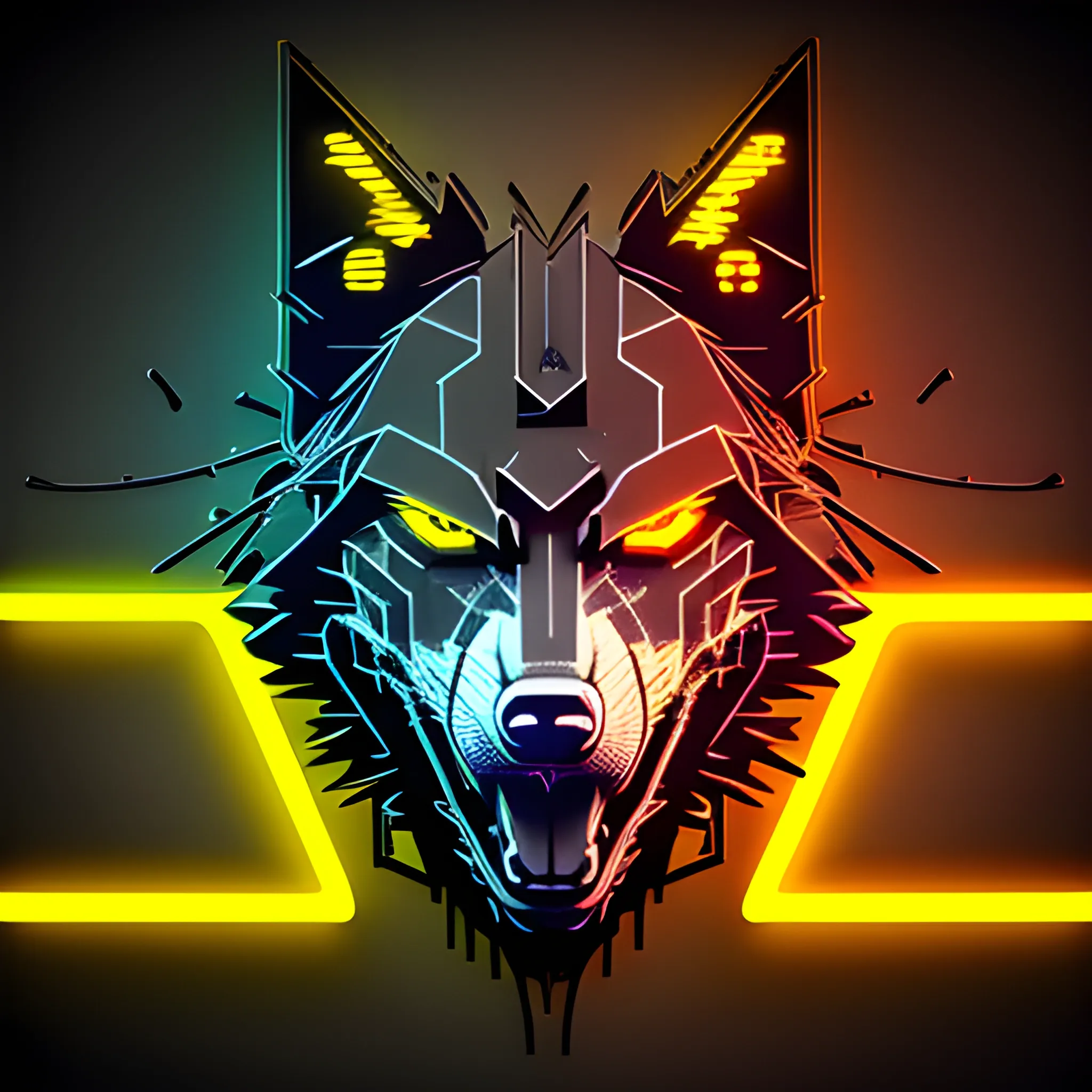 An angry cyberpunk wolf logo, using the yellow neon color, with athe letter "A"at the background, 3D